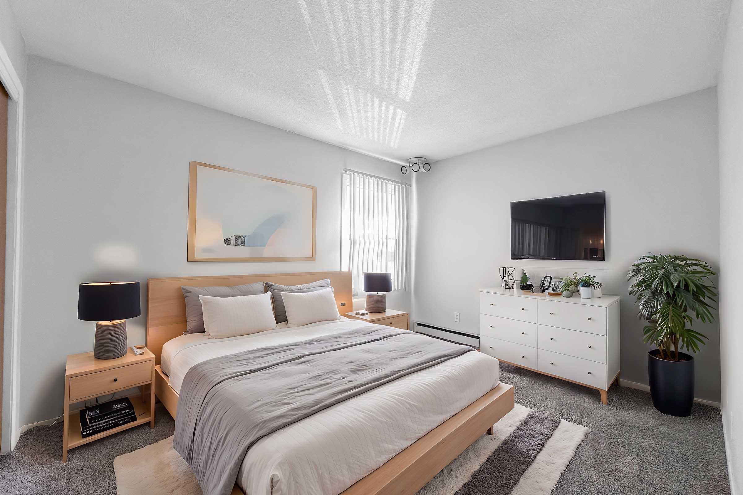 A modern bedroom featuring a wooden bed with gray bedding, two bedside lamps, and a sleek dresser. The room has light gray walls, large windows with blinds, and a TV mounted on the wall. A potted plant adds a touch of greenery, and soft light streams in through the windows, creating a cozy atmosphere.