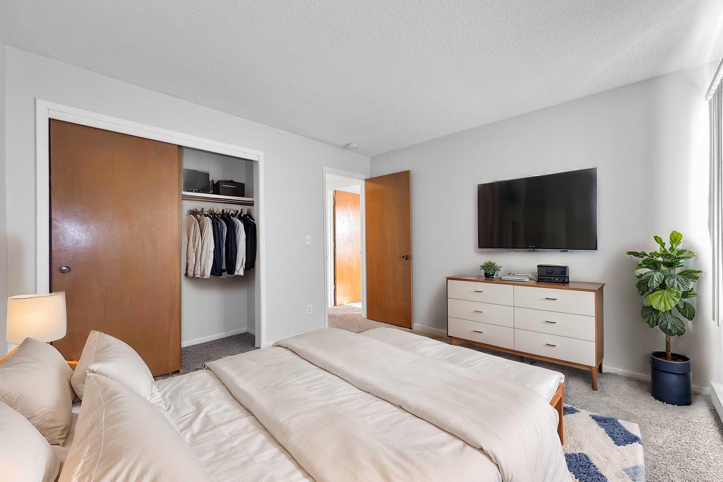 A cozy bedroom featuring a large bed with white bedding, a television mounted on the wall, and a wooden dresser. There are two doors leading to other areas, one with a closet that has hanging clothes. A green plant adds a touch of greenery to the room, and the walls are painted in a light gray color.