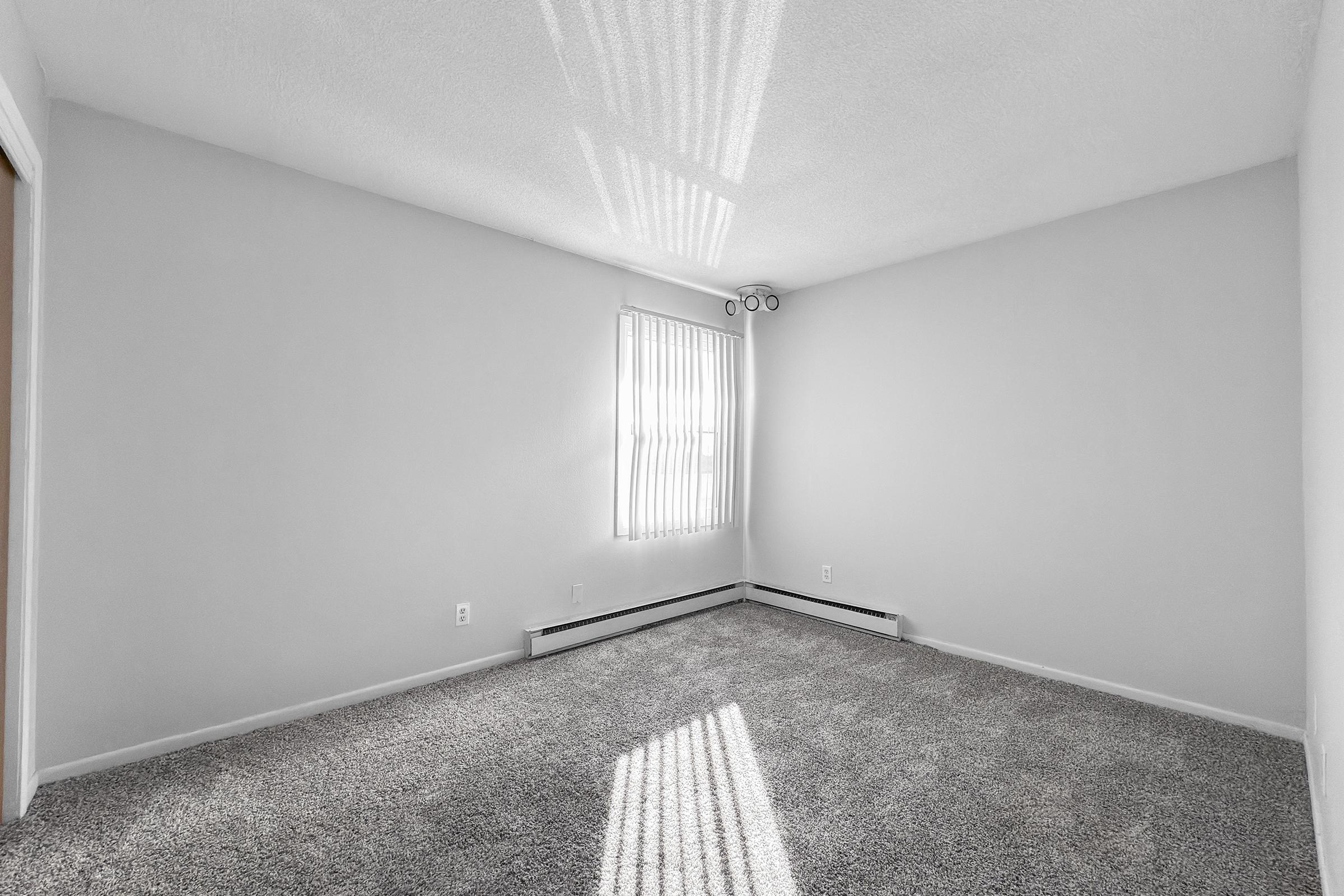 A spacious, empty room with light gray walls and light gray carpet. There is a window with vertical blinds allowing soft sunlight to enter, creating subtle stripes on the floor. The room is unfurnished and well-lit, giving a sense of openness.