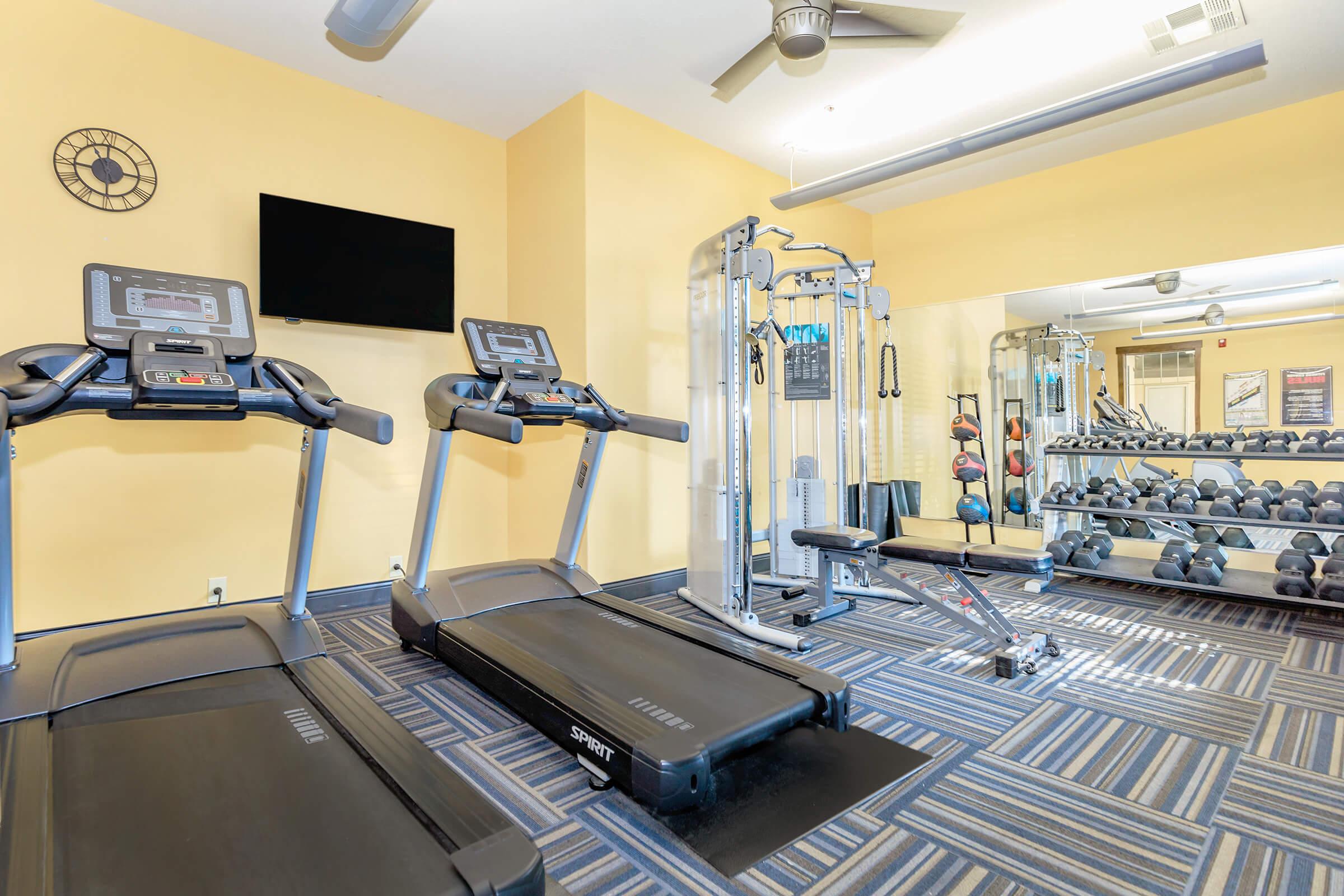 A modern gym interior featuring two treadmills, a multi-functional weight machine, and a set of dumbbells on a rack. The walls are painted yellow, with a flat-screen TV mounted above the treadmills and a large mirror reflecting the workout equipment. The floor has a striped blue and beige carpet.