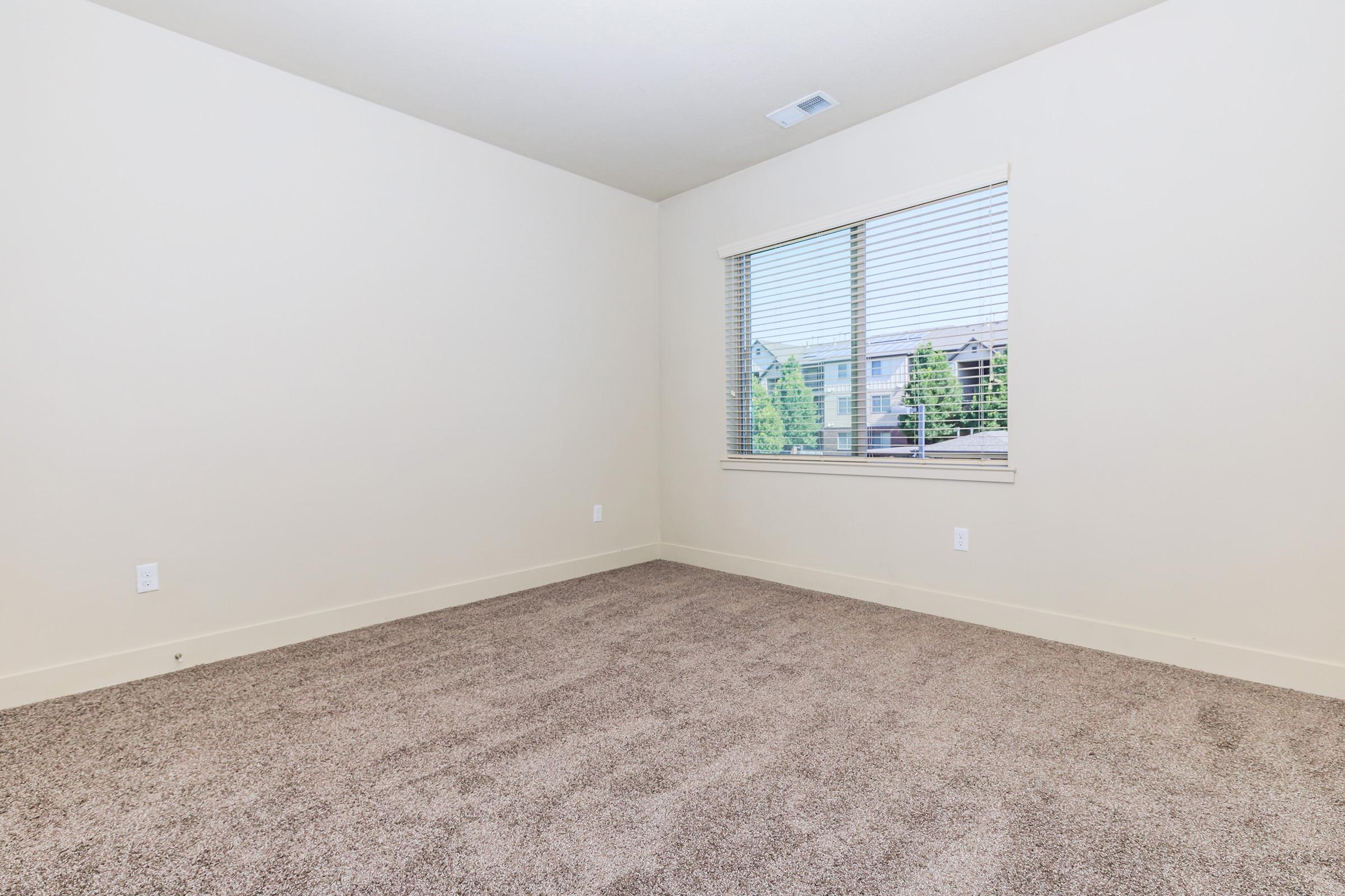 Empty room with light beige walls and tan carpet. A window with white blinds allows natural light to enter, showing views of greenery outside. The space is unfurnished, emphasizing its openness and potential for personalization.