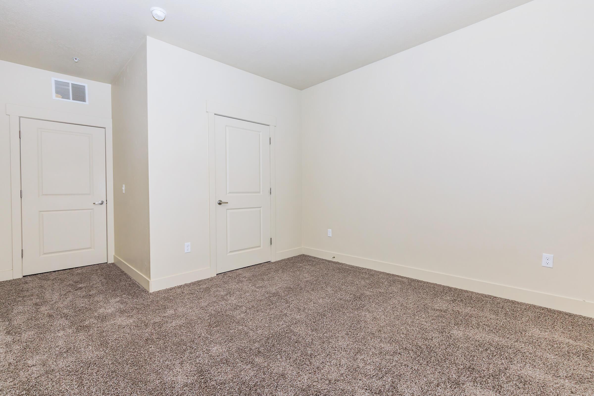 A spacious, empty interior room with light-colored walls and carpeted flooring. There are two closed doors on the left side, one leading to a closet and the other to another room. The room is well-lit with natural light, creating a clean and minimalistic atmosphere.