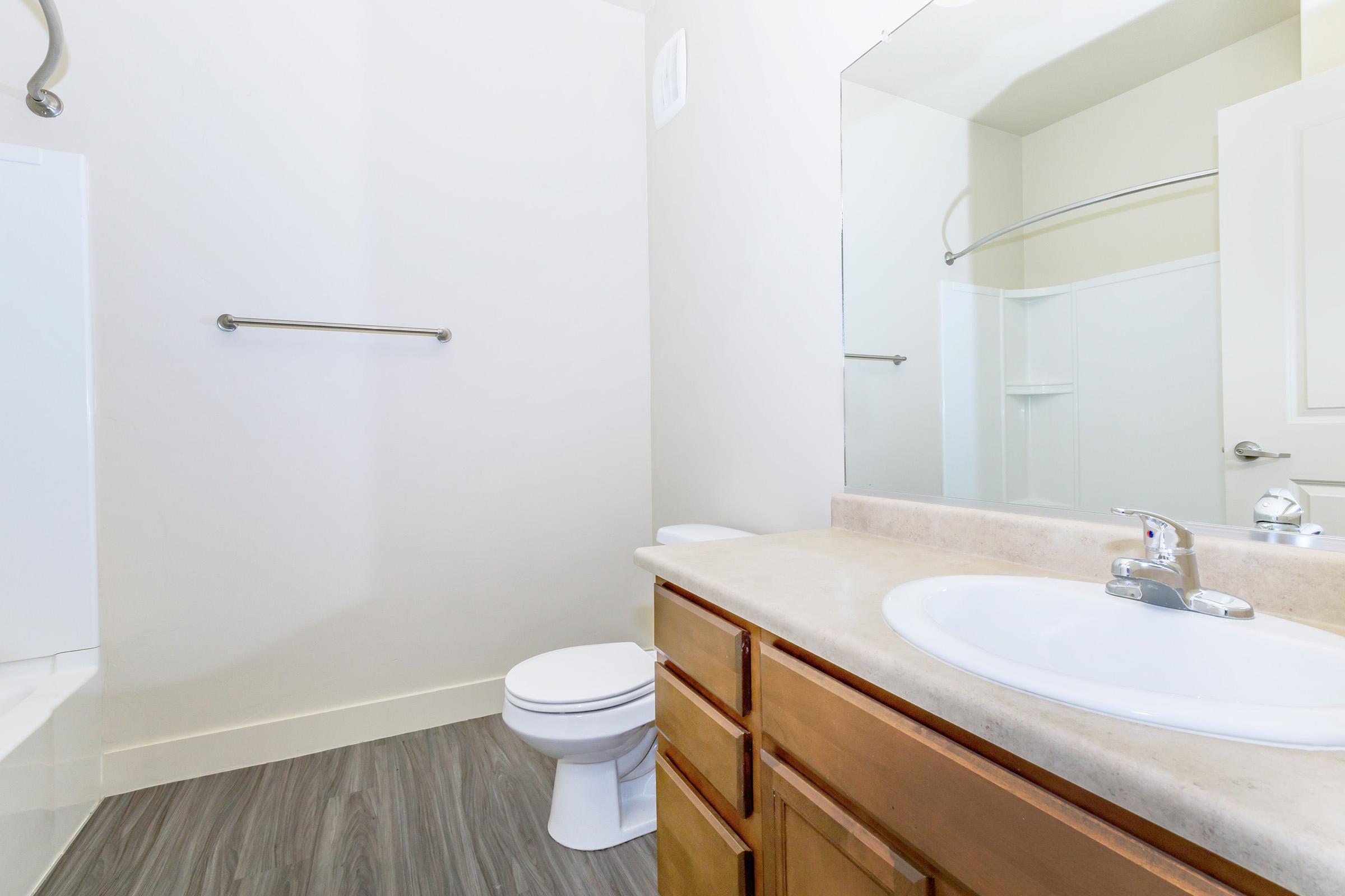 A clean and modern bathroom featuring a white toilet, a sink with a faucet on a light countertop, and wooden cabinets. A large mirror hangs above the sink, and there is a shower area in the background with a sliding door. The walls are painted in a soft neutral color, and the floor has a plank design.