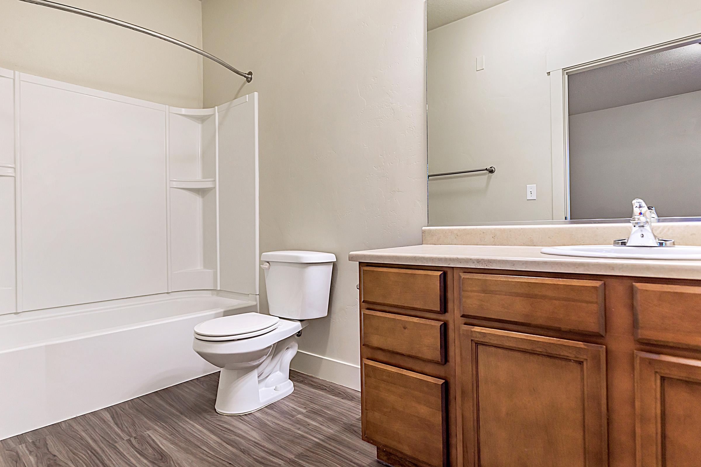 A clean, well-lit bathroom featuring a white bathtub with a shower, a toilet, and a wooden vanity with a sink. The walls are painted a light color, and there is a large mirror above the sink. The flooring is a wood-like material, creating a modern and inviting atmosphere.