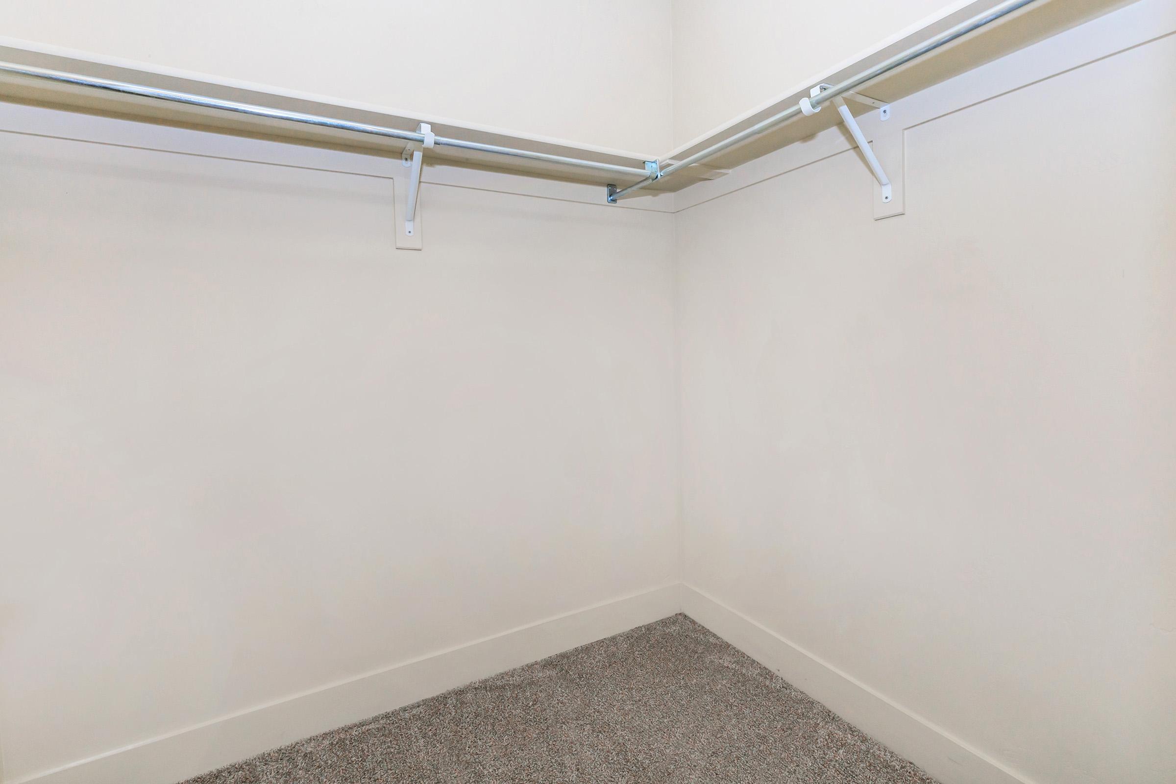 A spacious, empty closet with two parallel clothes rods and a light-colored wall. The floor is covered in soft, light carpet, and the overall atmosphere is clean and minimalistic, providing a blank canvas for organization or storage.