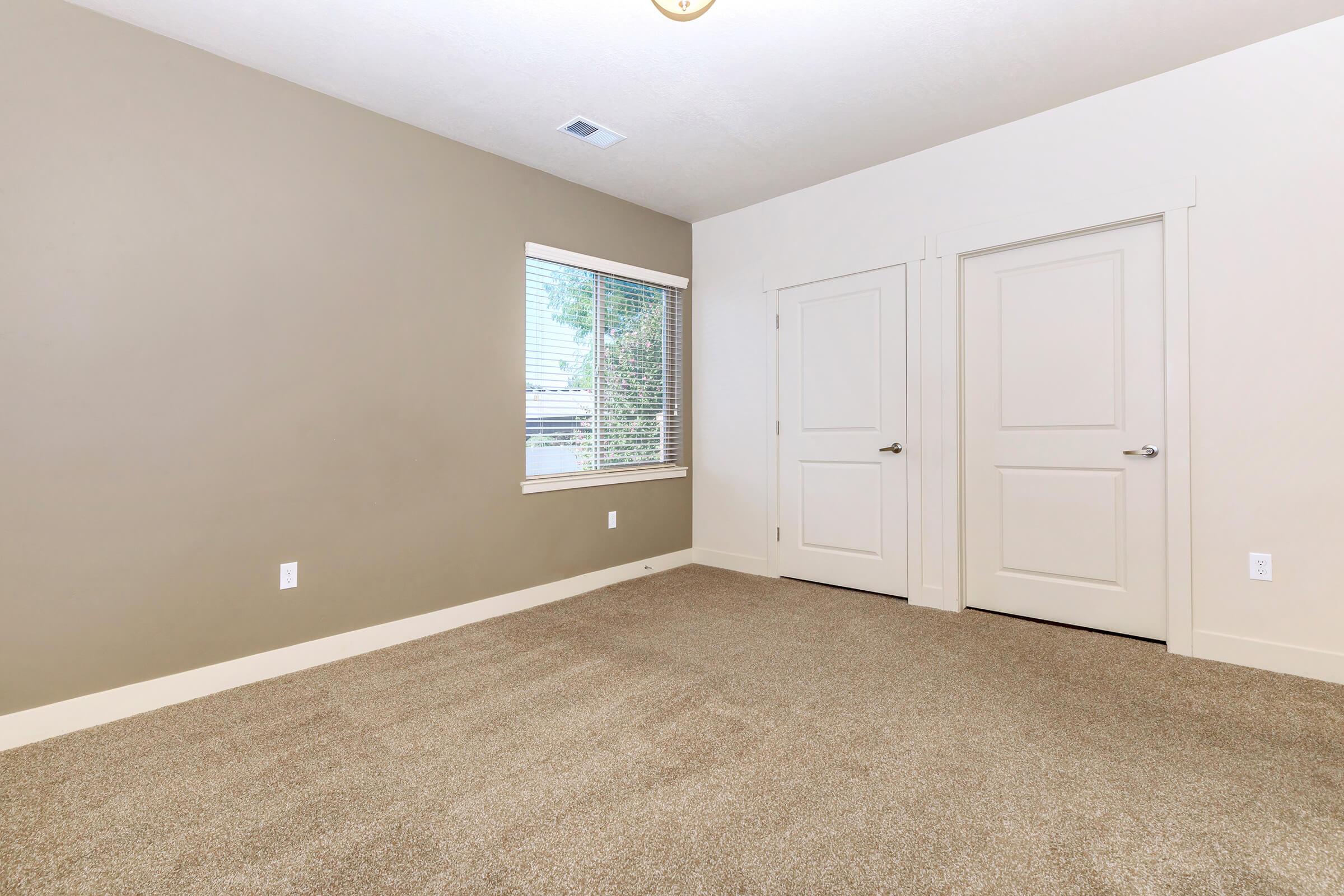 A clean, unfurnished room featuring light brown walls, a large window with blinds allowing natural light, and two closed doors. The floor is covered in plush beige carpet, creating a cozy atmosphere. The ceiling is plain with a light fixture.