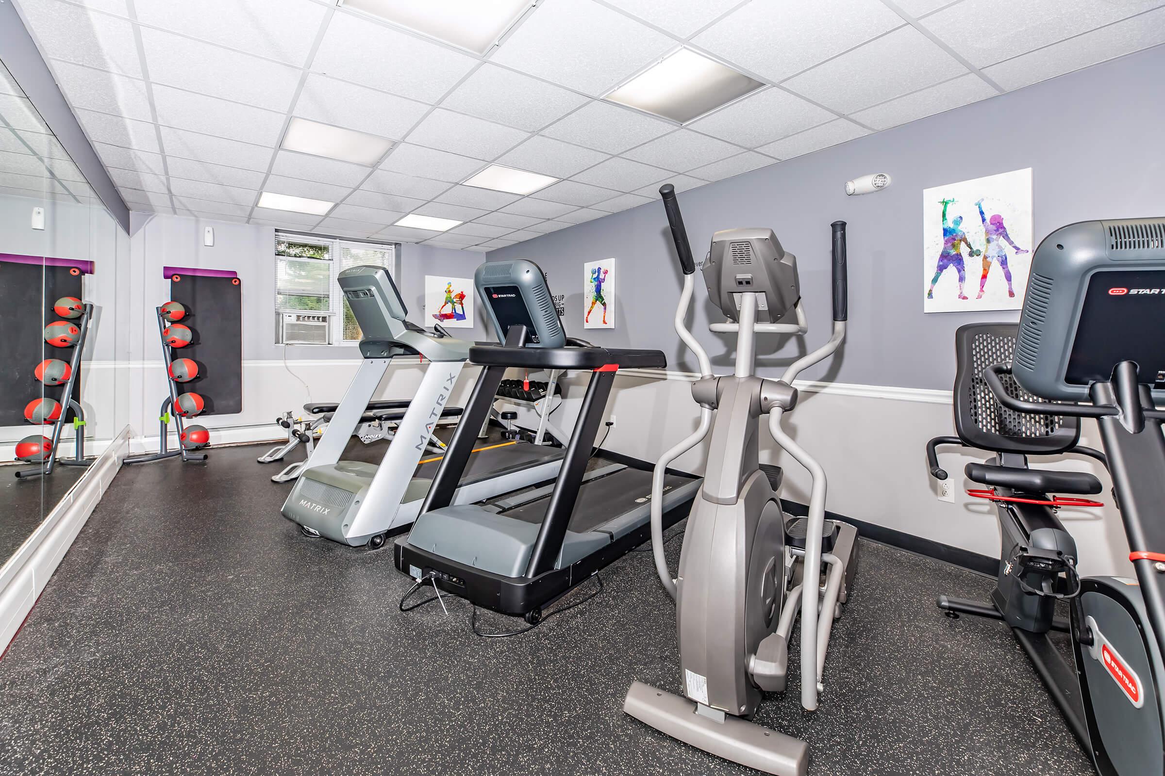 A modern gym featuring several exercise machines, including treadmills and an elliptical, arranged on dark flooring. The walls are adorned with colorful artwork, and there are weights placed on a rack in the corner. A large mirror reflects the workout area.
