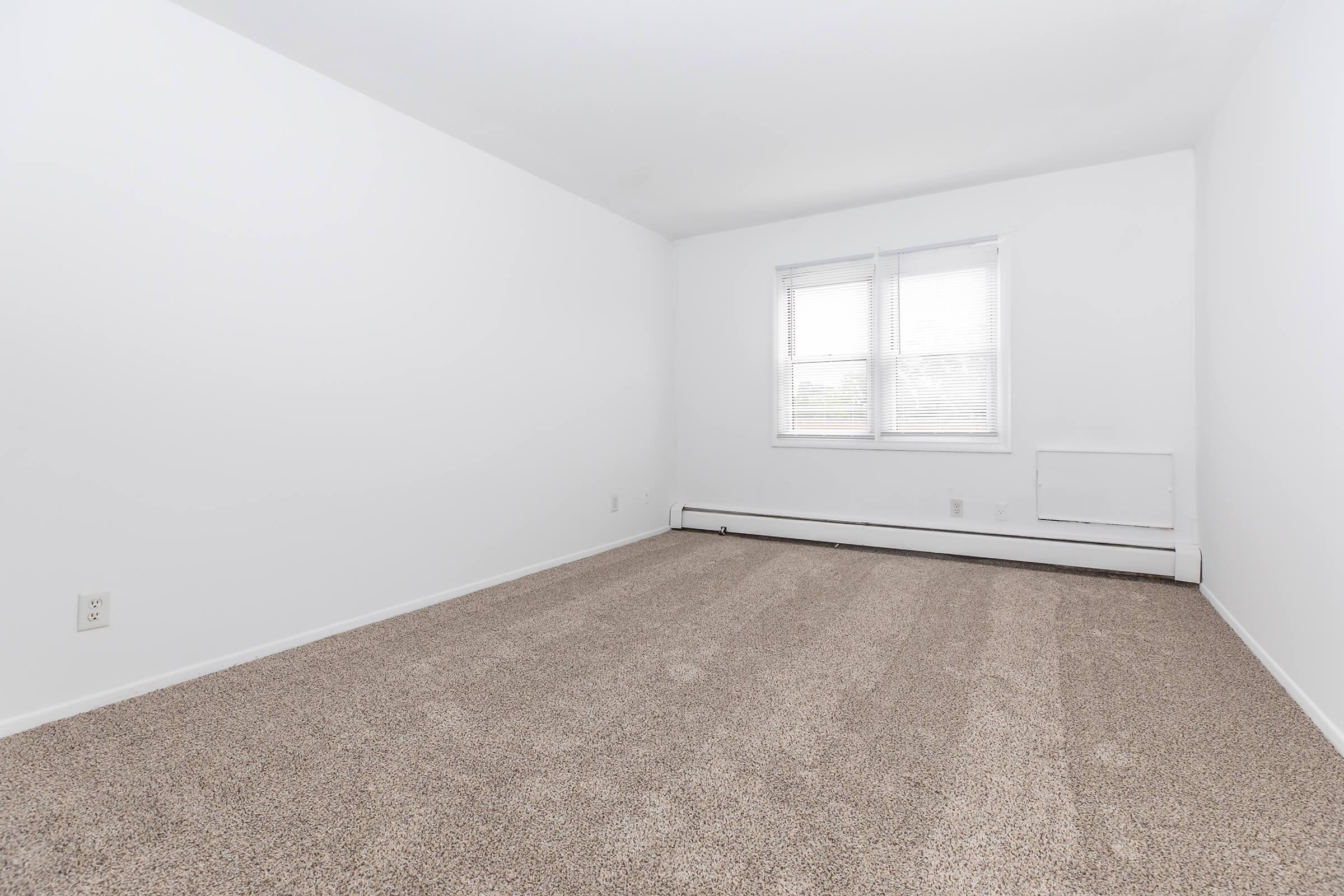 Empty room with light-colored walls and a carpeted floor. There are two windows on one side allowing natural light to enter. The room appears spacious and unoccupied, with no furniture or decorations visible. A radiator is positioned below the windows.