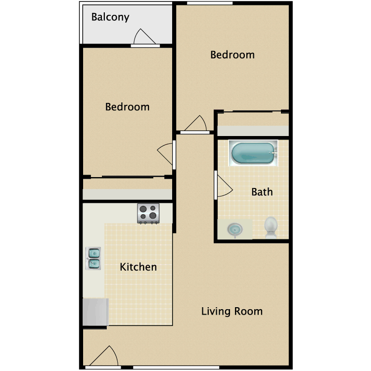 Floor plan image of 2 Bedroom/1 Bathroom