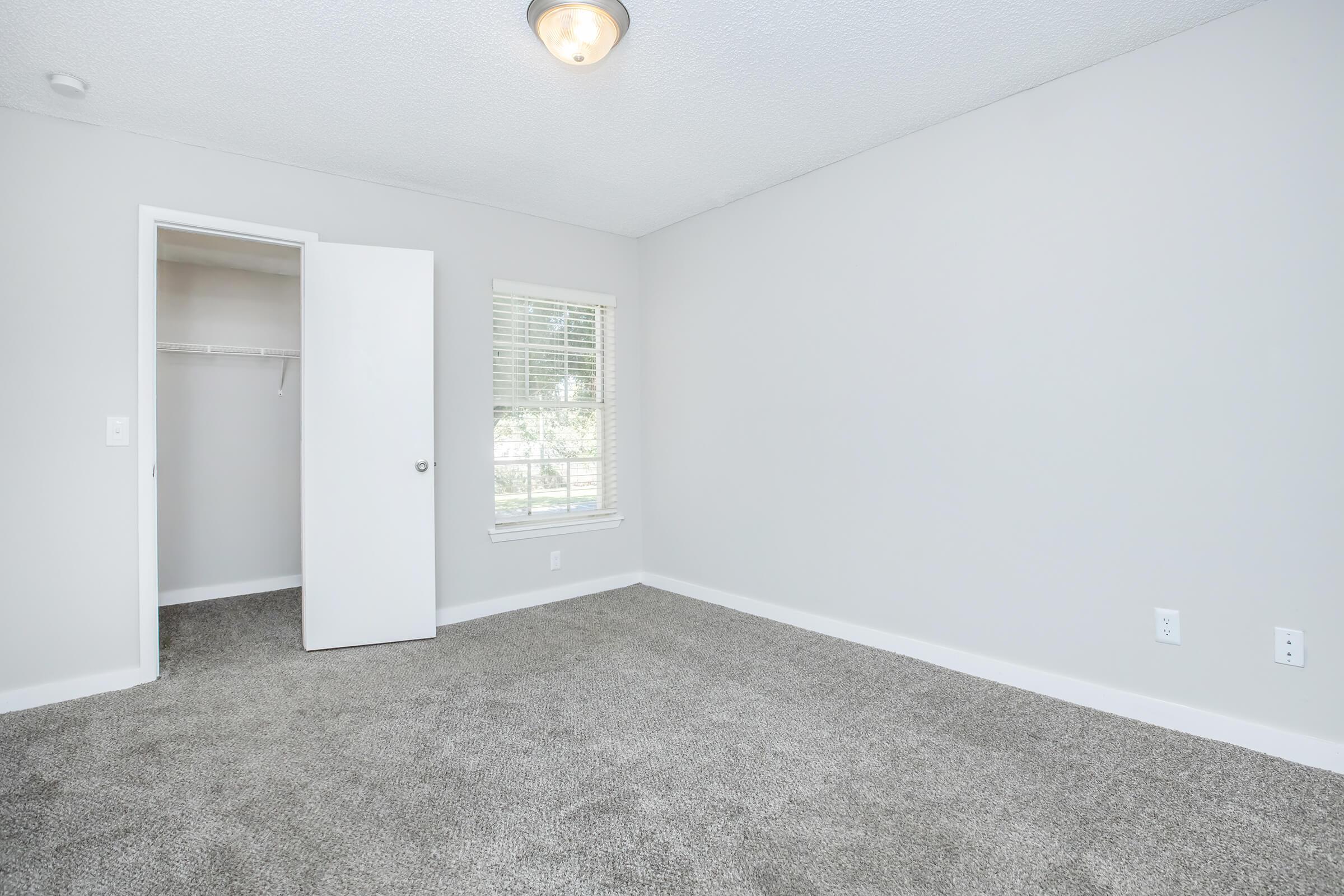 A minimalistic empty room with light gray walls and carpet. There's a closet with a white door, slightly open, and a window letting in natural light. A ceiling light fixture is visible. The overall atmosphere is bright and airy, suitable for personal customization.