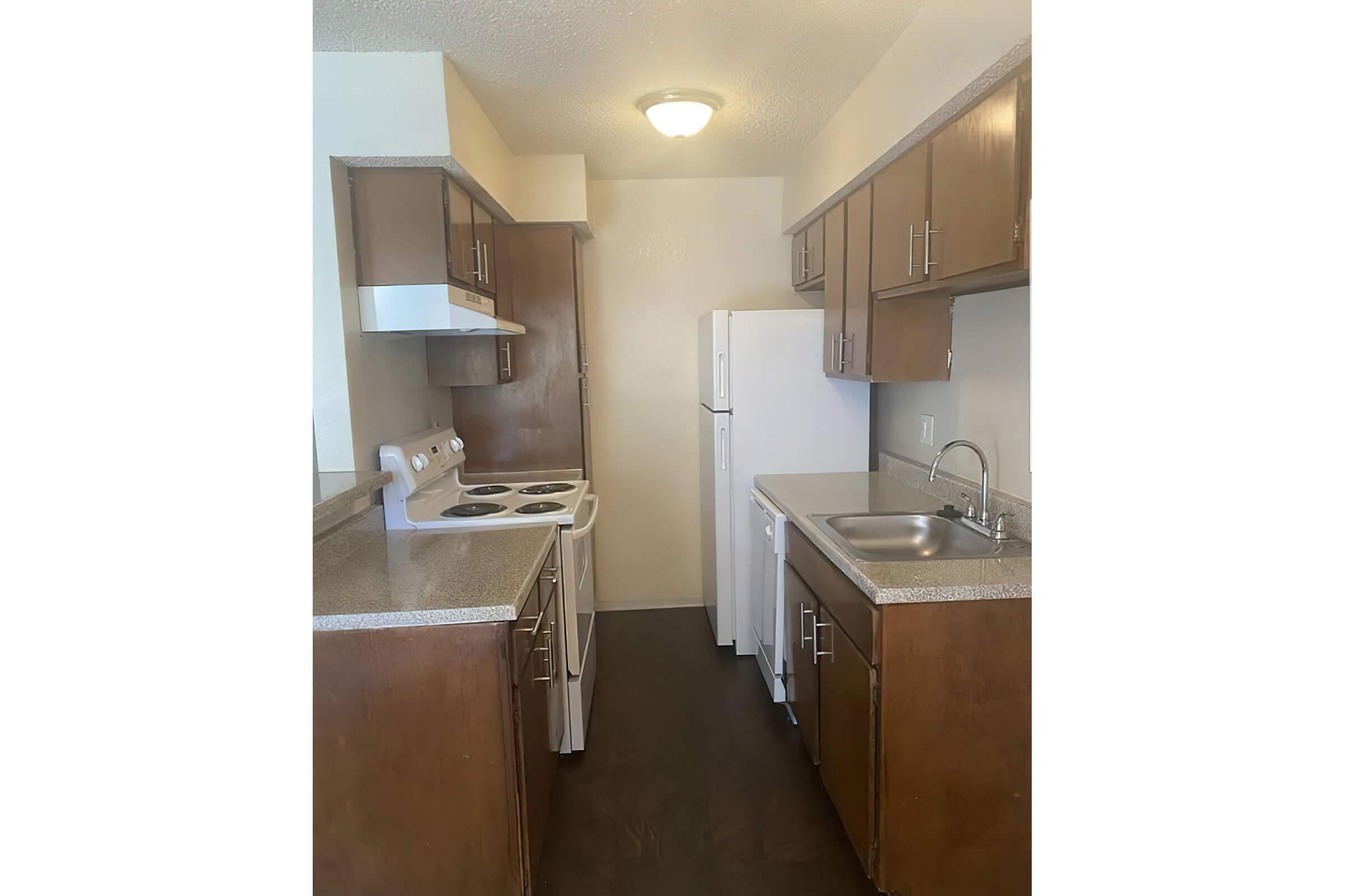 a kitchen with a sink and a refrigerator