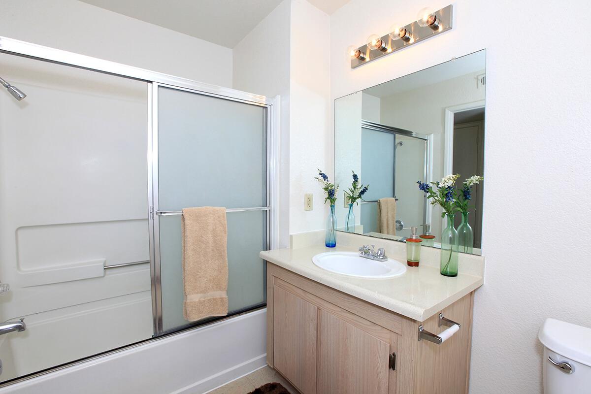 a white sink sitting under a mirror