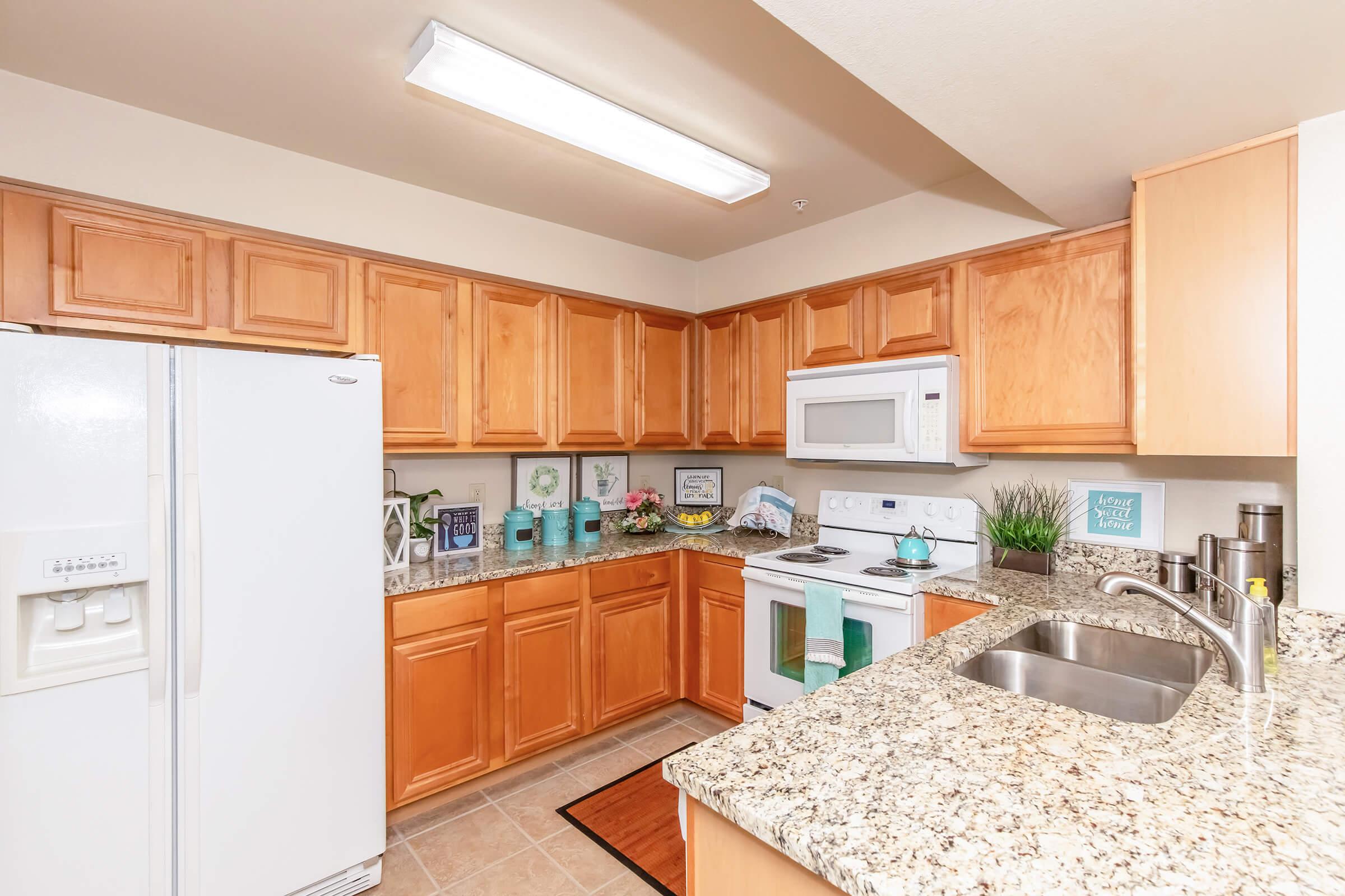 A well-organized kitchen featuring light wood cabinets, granite countertops, and stainless steel appliances. The space includes a white refrigerator, a microwave, and an oven, along with decorative items and plants on the countertop, creating a warm and inviting ambiance.