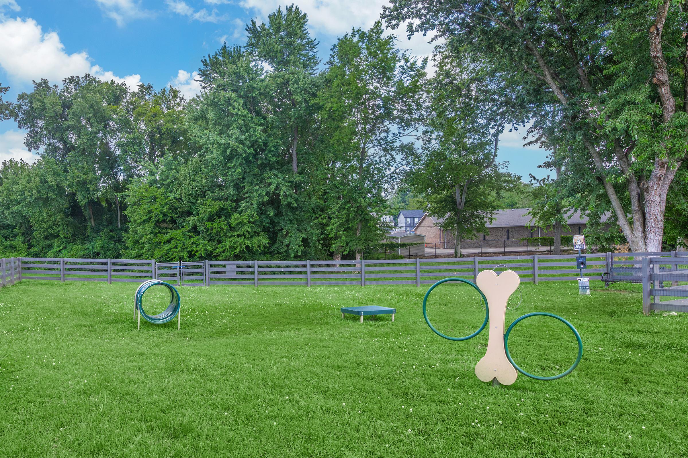 A grassy area with a fenced dog park featuring a large bone-shaped structure and two circular agility hoops. In the background, there are trees and houses visible beyond the fence, under a partly cloudy sky.