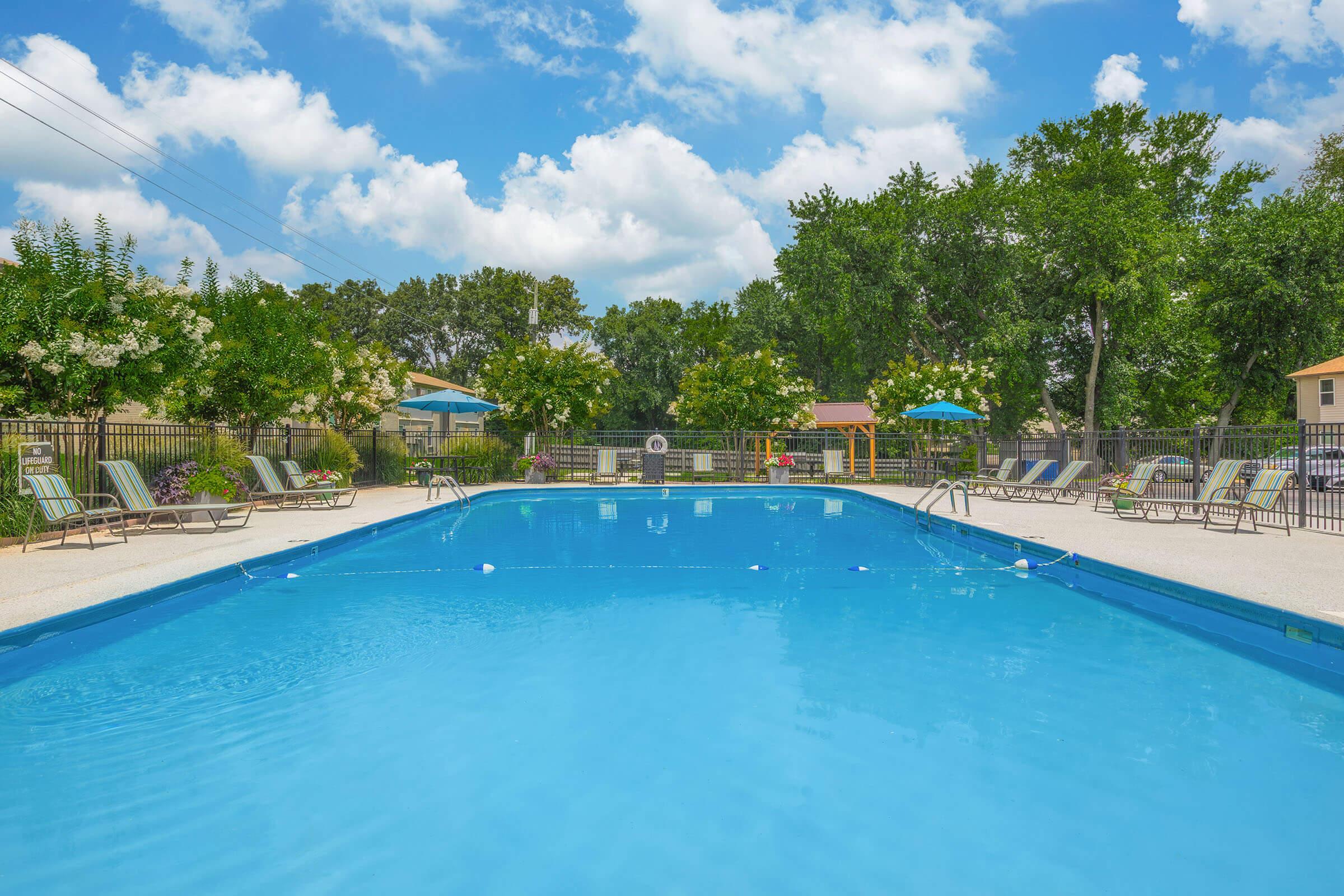 A clear blue swimming pool surrounded by lounge chairs and vibrant greenery. The sky is bright with fluffy white clouds, and there are several umbrellas providing shade. In the background, there's a fence and additional landscaping, creating a relaxing outdoor atmosphere.