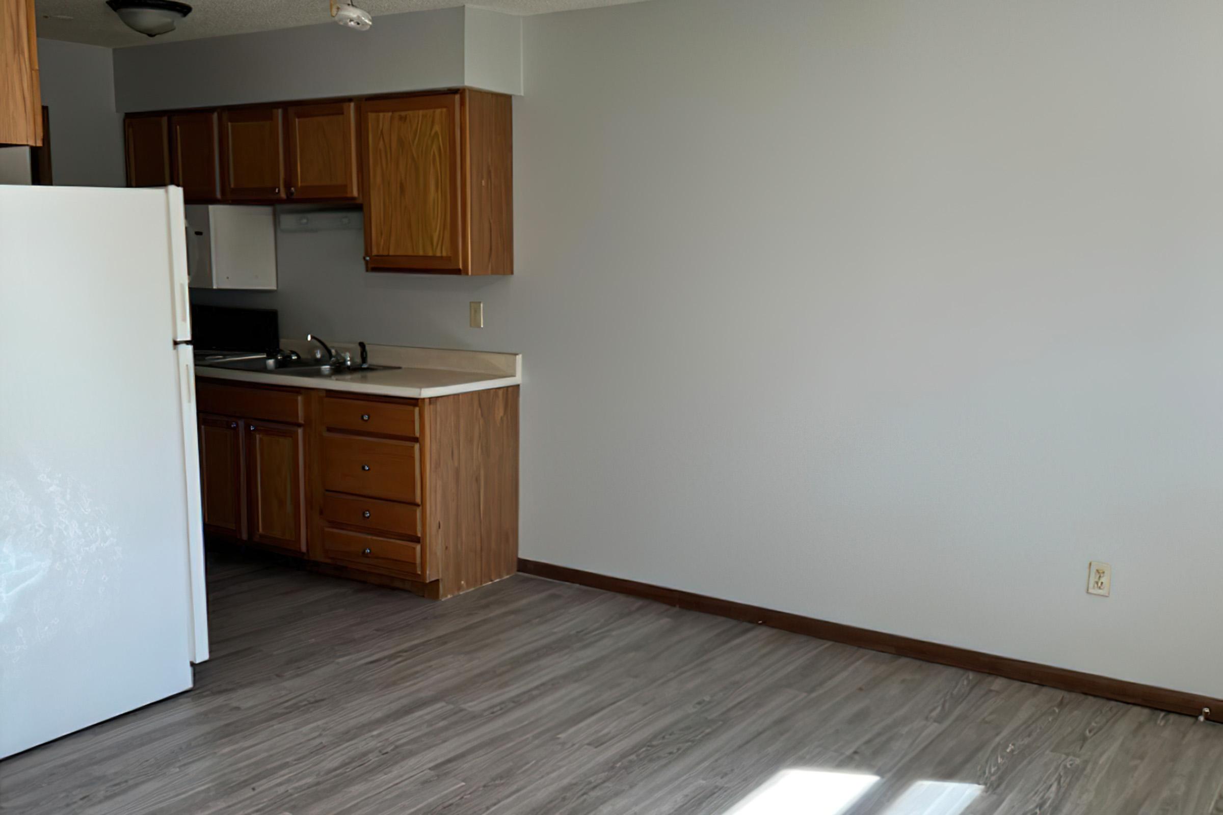 a kitchen with a wood floor