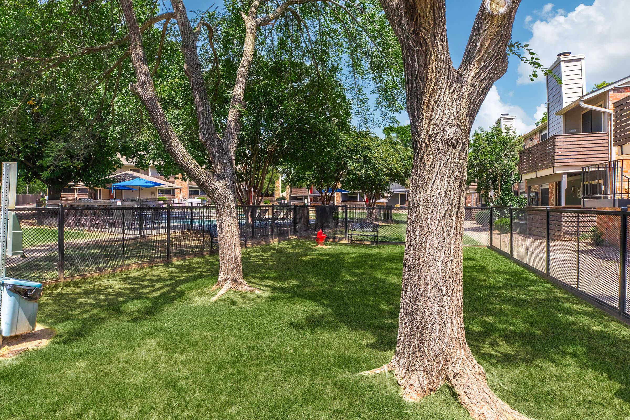 A green lawn with two large trees stands in the foreground. In the background, there is a fenced swimming pool area visible, along with several apartment buildings. A bright blue sky with a few clouds can be seen above. A red fire hydrant is located on the grassy area near the trees.