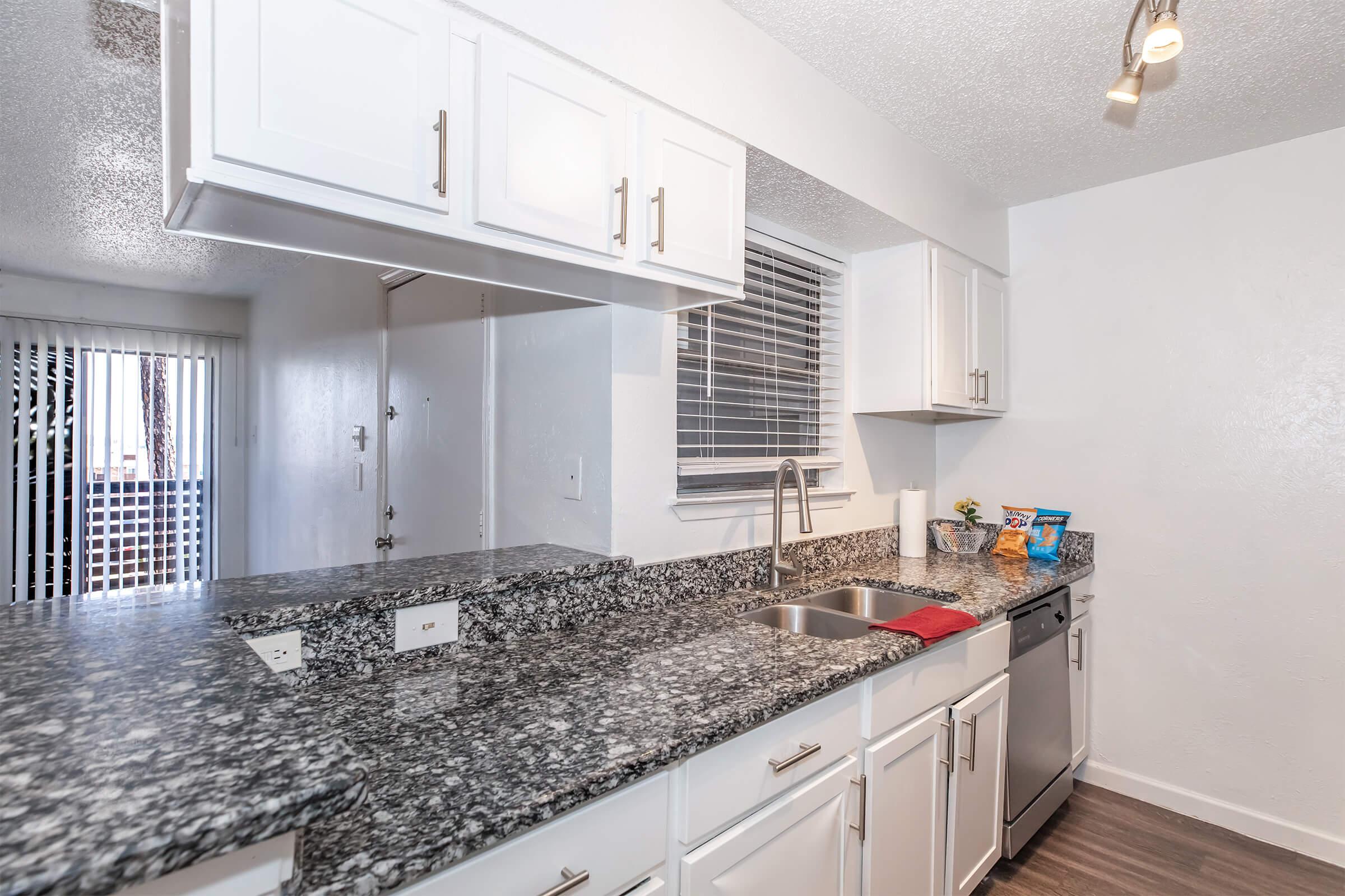 Modern kitchen featuring white cabinetry, granite countertops, stainless steel appliances, and a double sink. The space has a bright, open feel with natural light coming in from a nearby window. A red dish towel adds a pop of color, and there are decorative items on the countertop.