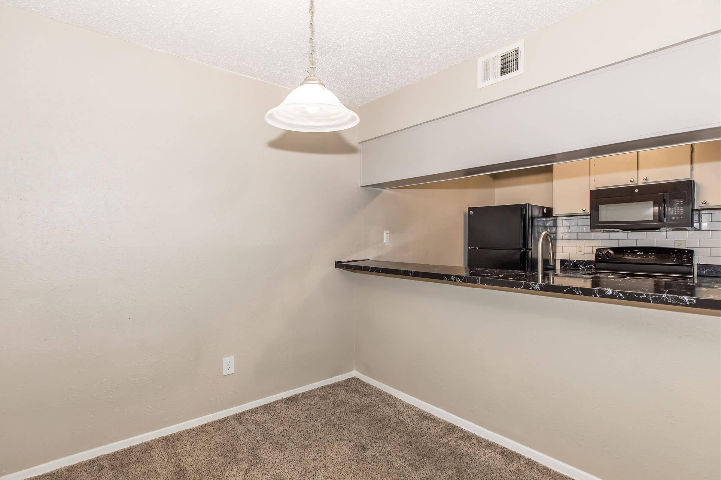A modern kitchen space featuring a dark countertop and black appliances, including a refrigerator and microwave. The walls are painted in a neutral tone, and there's a pendant light hanging from the ceiling. A portion of carpeted floor is visible, enhancing the cozy atmosphere of the area.