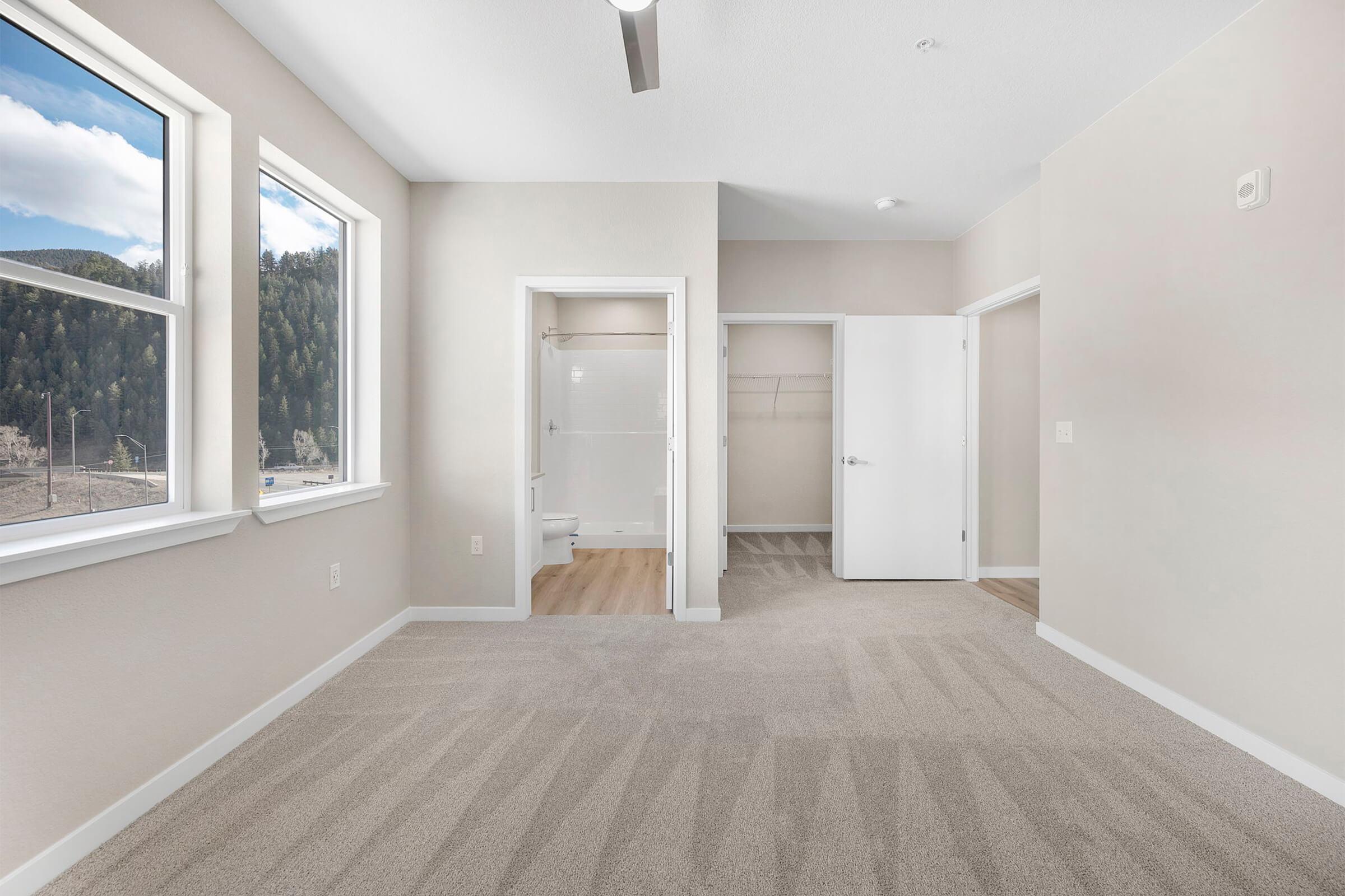 A spacious, well-lit room with light gray walls and soft beige carpet. It features two large windows that let in natural light, a partially open bathroom door on the left, and a closet on the right. The overall design is modern and inviting, with a view of green hills outside the windows.