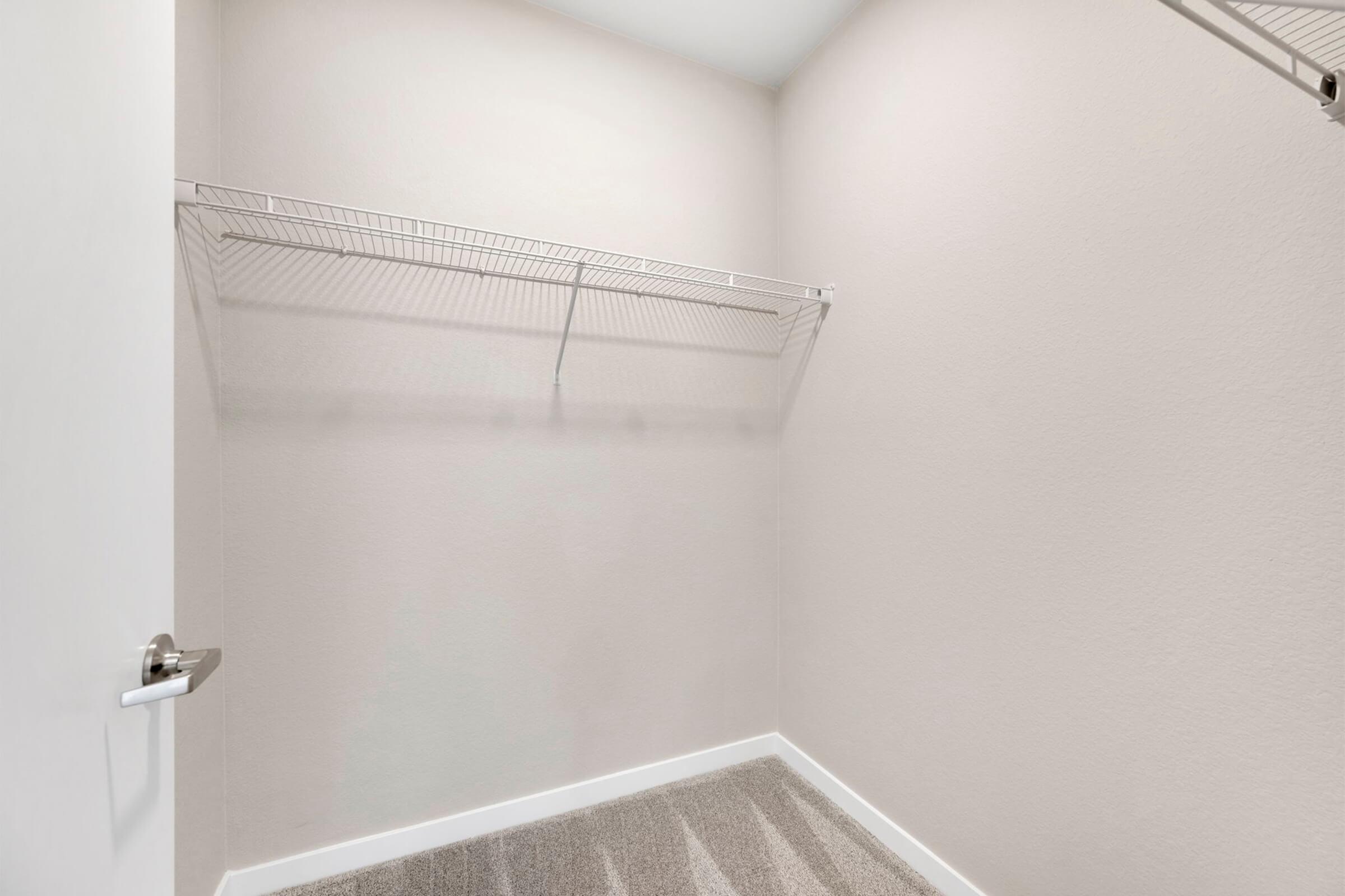 Empty closet with beige walls and a white wire shelving unit. The floor is covered in light-colored carpet. The door is partially open, revealing a spacious and uncluttered interior.