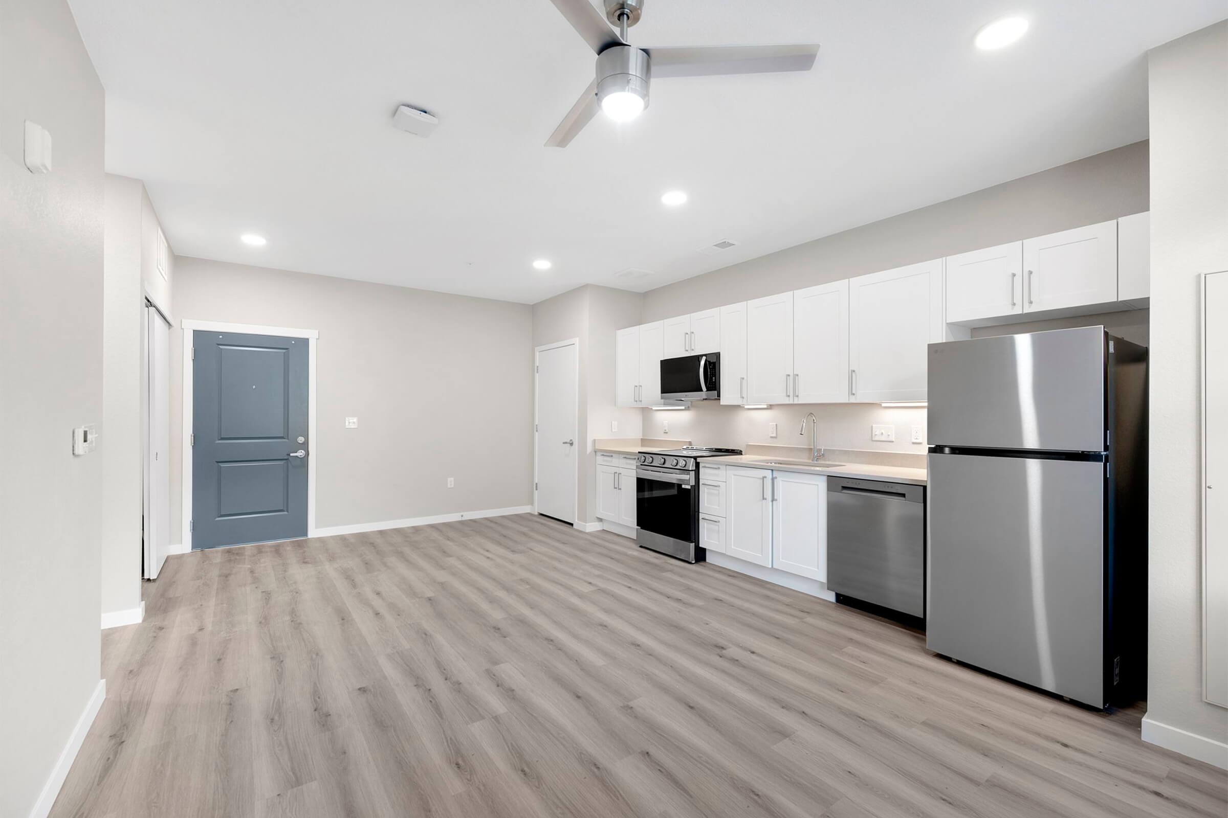 Modern kitchen and living area in an apartment featuring light-colored walls, wood-style flooring, stainless steel appliances, and white cabinetry. A door leads to an exterior entrance, with a ceiling fan visible. The space is well-lit and open, creating a welcoming atmosphere.
