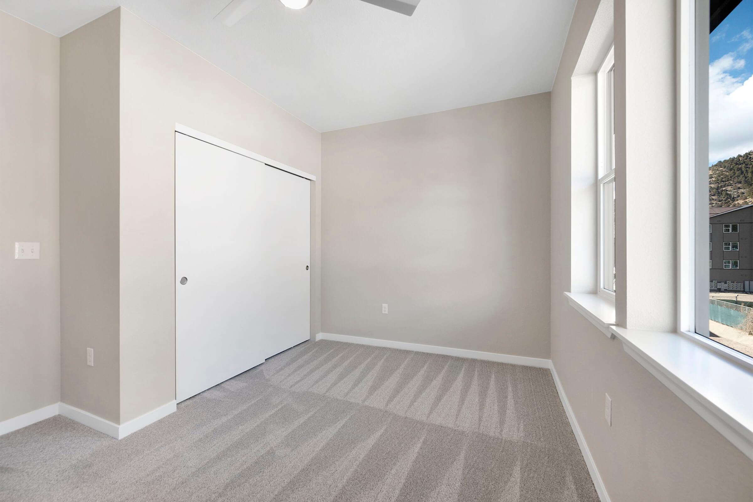 A well-lit, empty room with beige walls and gray carpeting. There is a large window on one wall allowing natural light to enter. Opposite the window, there is a white closet with sliding doors. The overall atmosphere is clean and minimalistic, suitable for various uses.