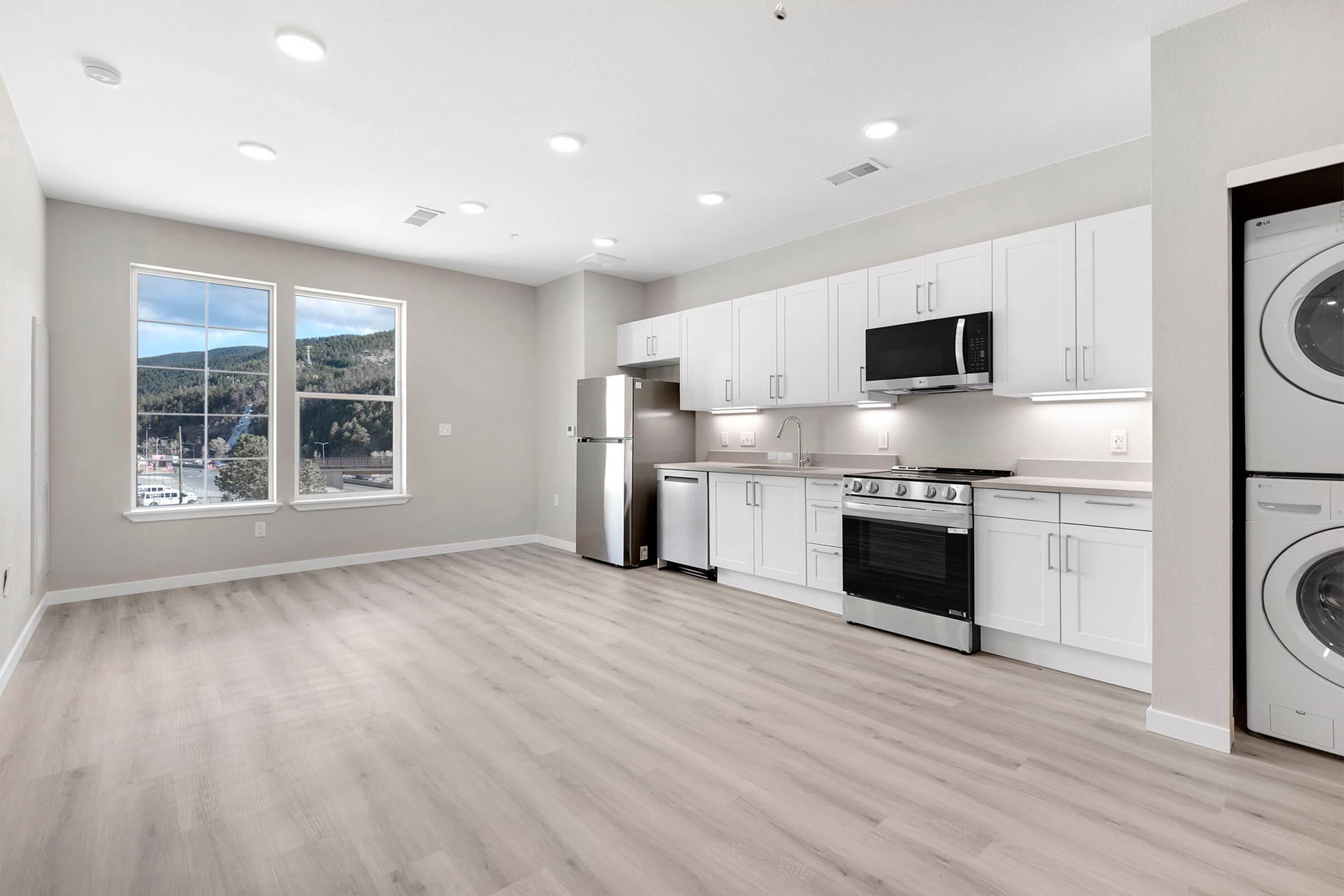 Modern kitchen and living space featuring white cabinetry, stainless steel appliances, and a large window with a view of mountains. The room has light wood flooring and is brightly lit by recessed ceiling lights. A stacked washer and dryer are visible in the corner.