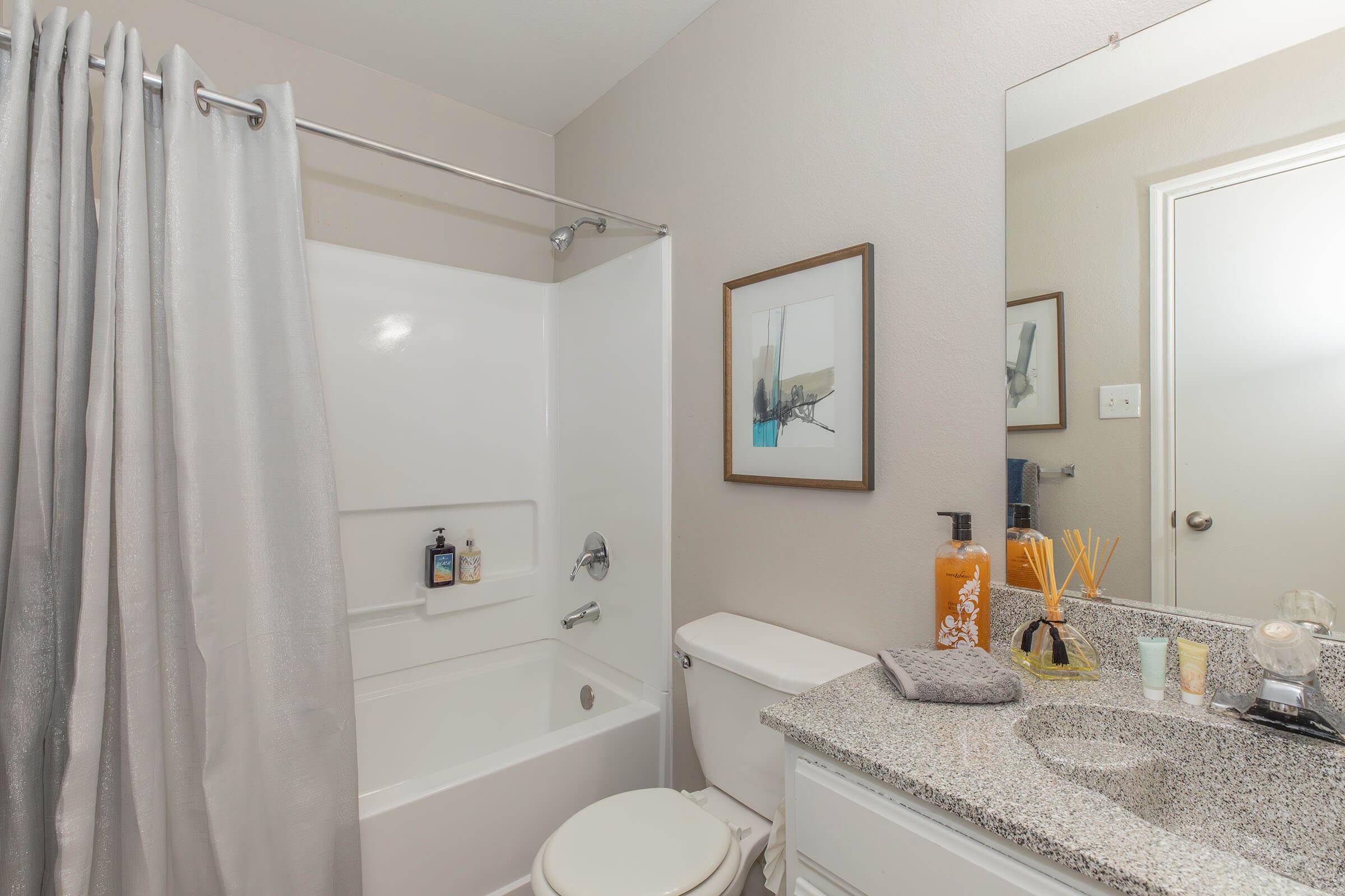 a room with a sink mirror and shower curtain