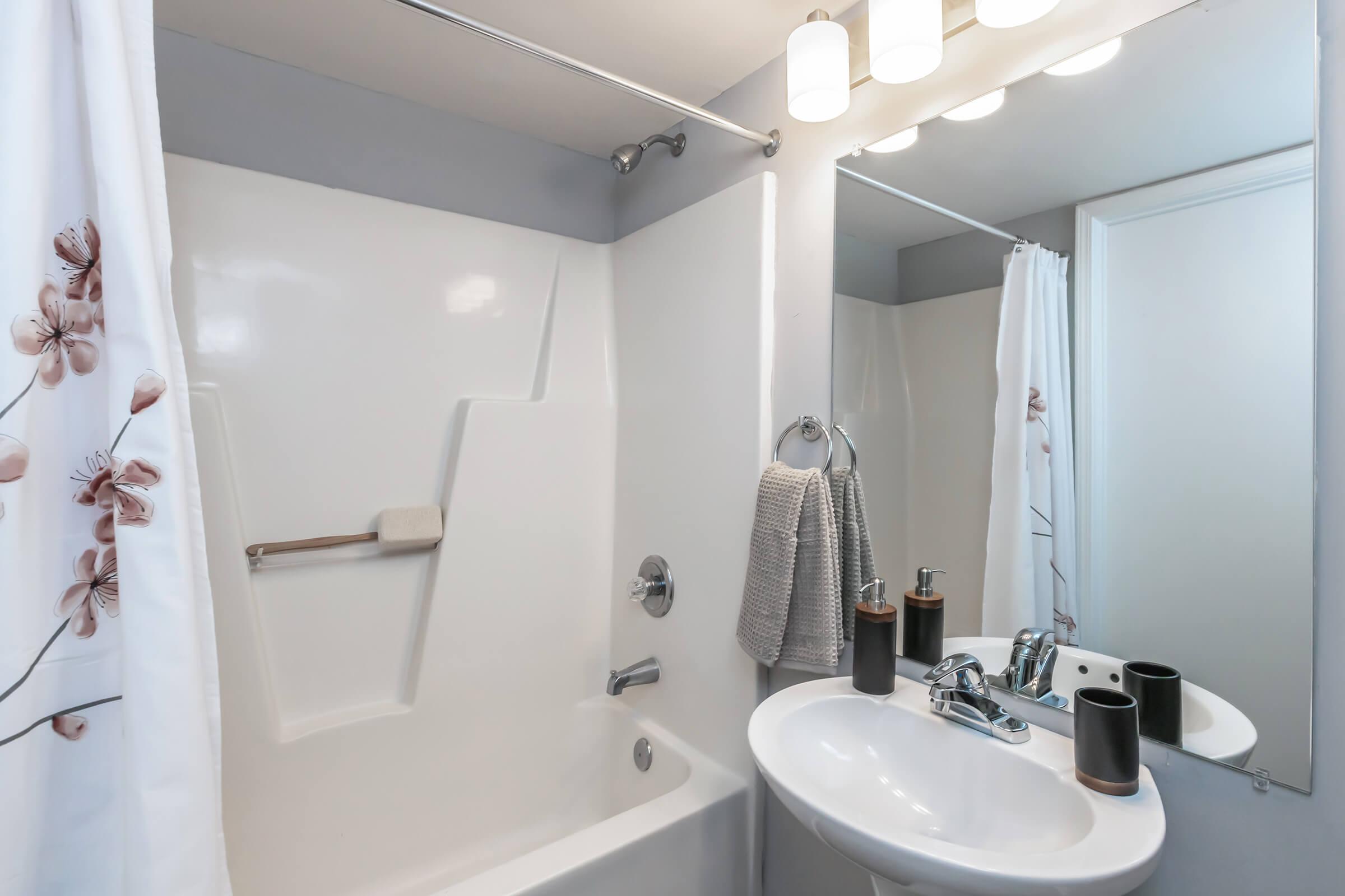 a shower that has a sink and a mirror