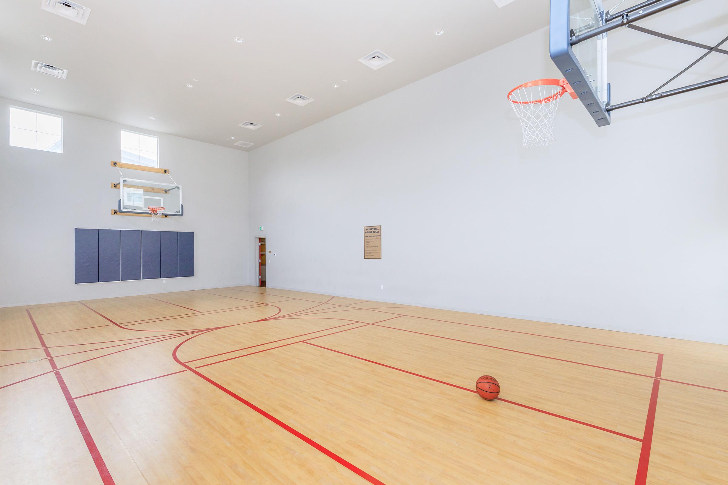 A spacious indoor basketball court featuring a wooden floor, a basketball hoop, a basketball on the floor, and gray walls. The court has clear markings, wall pads, and large windows allowing natural light to brighten the space.
