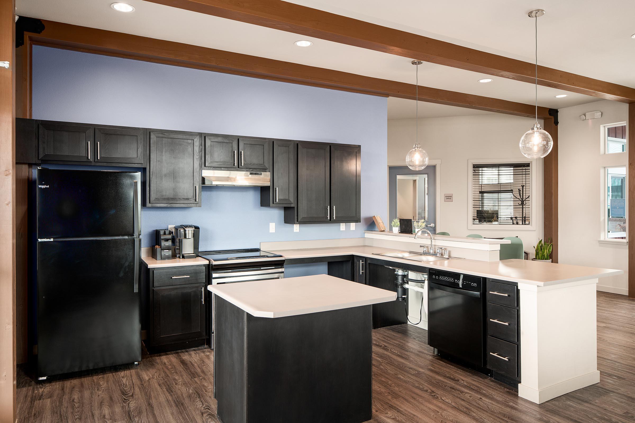 A modern kitchen featuring dark cabinets, a central island with a countertop, stainless steel appliances, and a contrasting light blue wall. The space is well-lit with pendant lights and has a hardwood floor, creating a contemporary and inviting atmosphere.