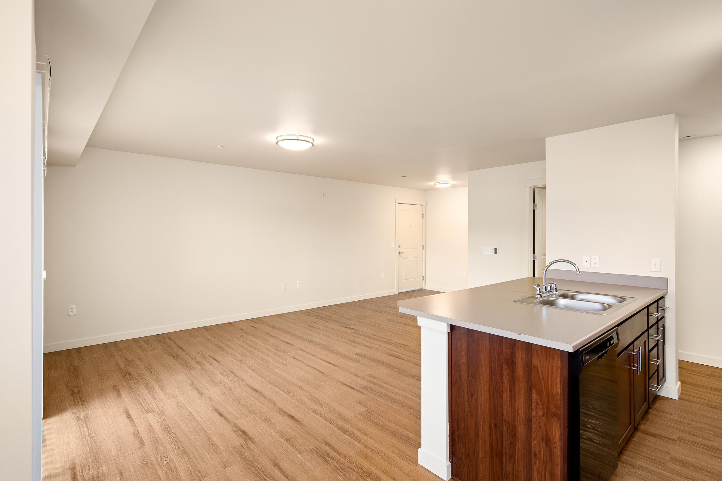An empty living space featuring a kitchen area with a countertop and sink. The room has light-colored walls and hardwood flooring, with a door leading to an entrance. The lighting is warm and the space appears bright and open, ideal for furnishing and personalizing.