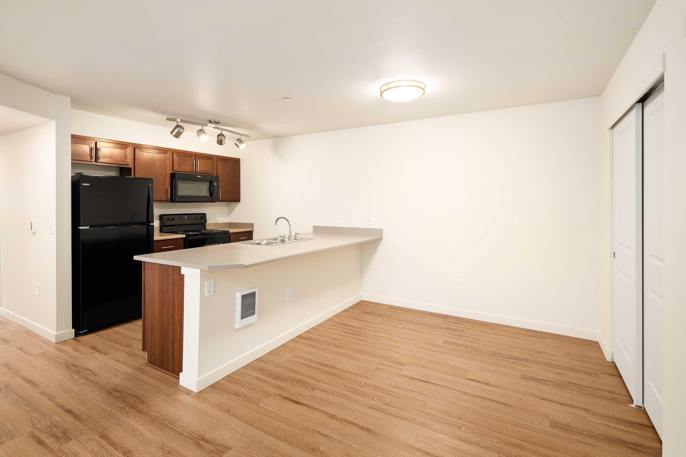 A modern, empty kitchen and living area featuring a light wood floor, dark cabinetry, a black refrigerator, a microwave, and a stove. The space includes a bar counter with seating potential and is well-lit with a ceiling light. White walls and a sliding door enhance the open and airy feel of the room.