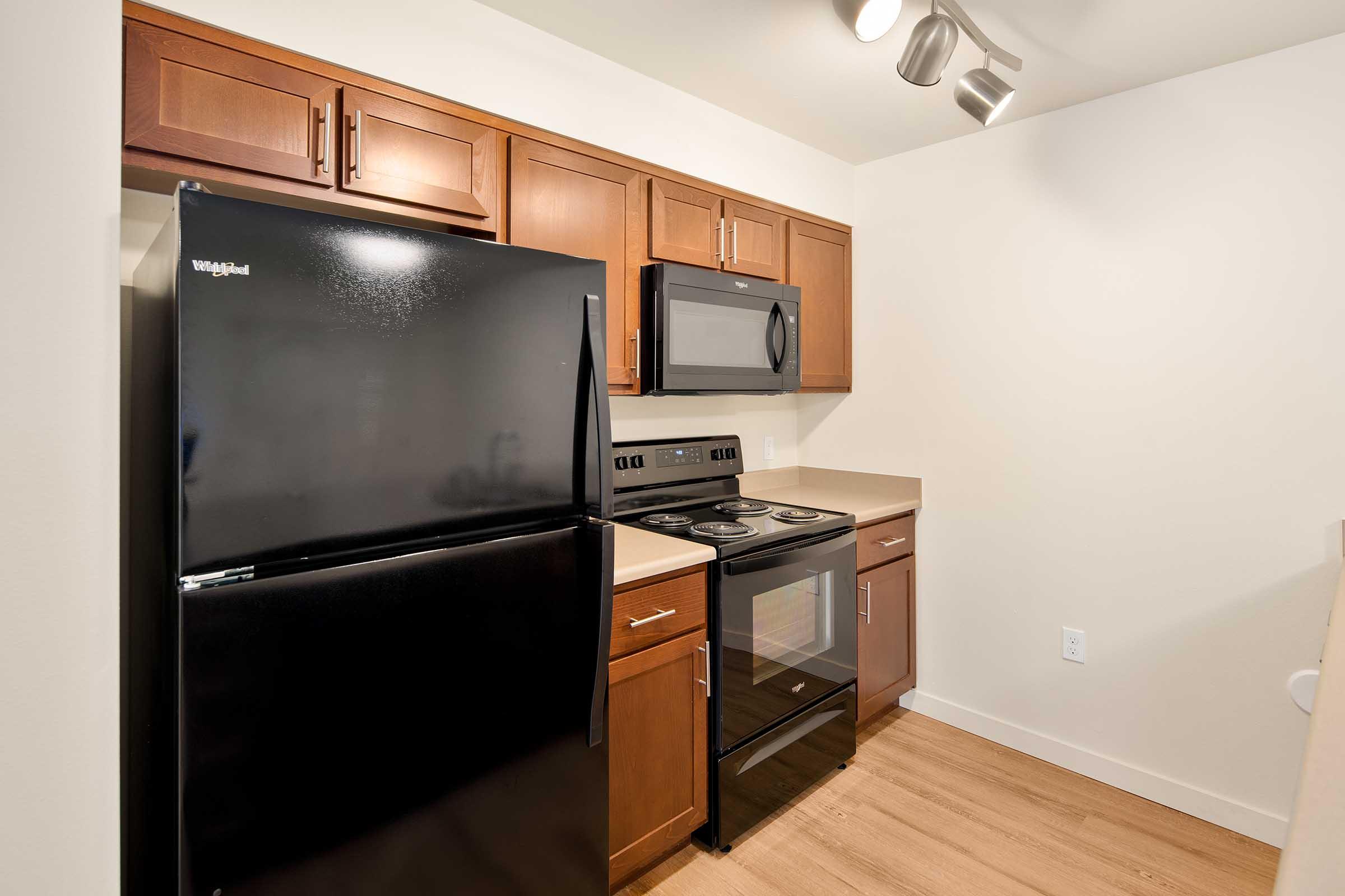 Modern kitchen featuring dark wood cabinets, a black refrigerator, a black microwave above a stainless steel stove, and a countertop with a light-colored finish. The floor is a light wood laminate, and the walls are painted in a neutral tone, creating a warm, inviting atmosphere.