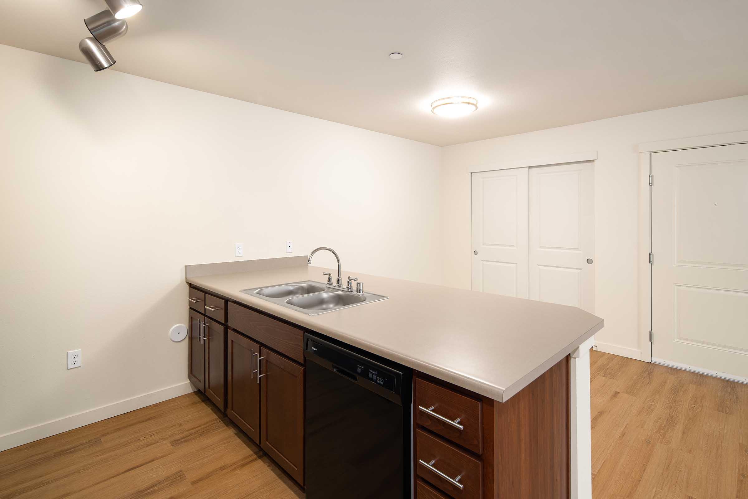 A modern kitchen with a large countertop, brown wooden cabinets, and a double sink. There is a black dishwasher beneath the counter. The room features light-colored walls and wooden flooring, and doors leading to another room and the entrance are visible. Soft overhead lighting illuminates the space.