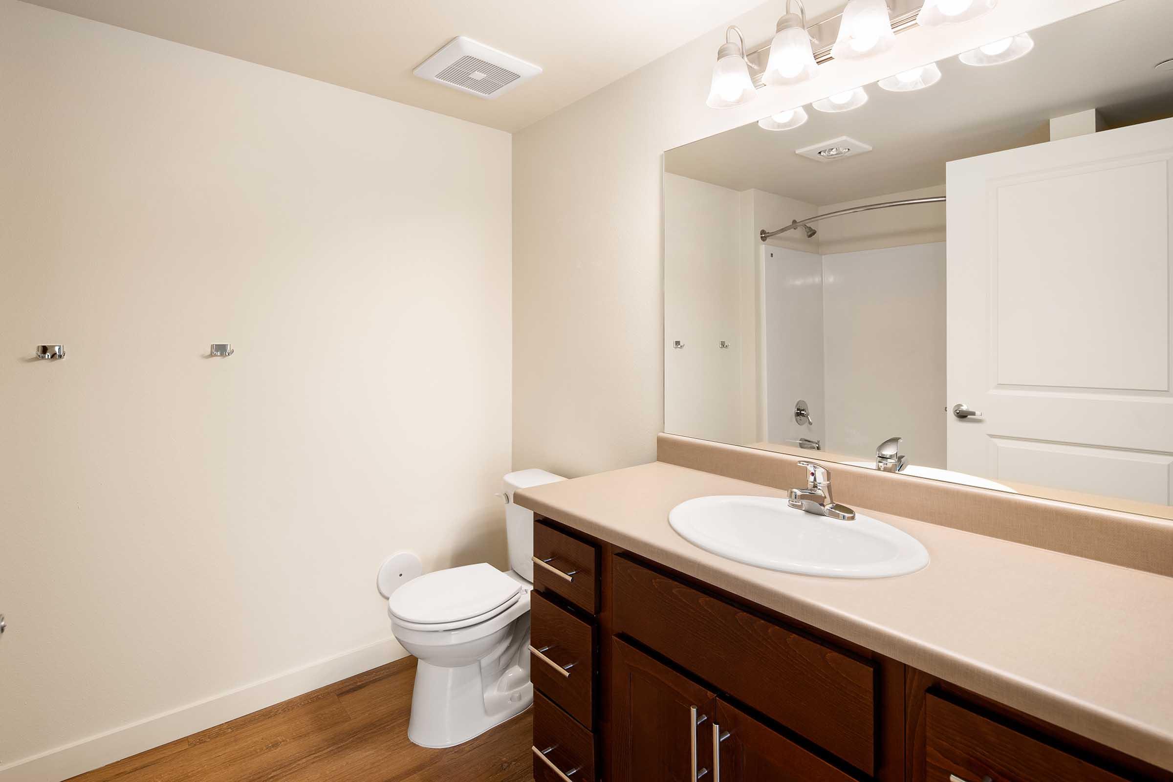 A clean, modern bathroom featuring a white toilet, a large mirror above a brown wooden vanity with a sink, and light fixtures. The walls are a light color, and there's a glass shower with a silver rod in the background. The floor is made of wooden planks.