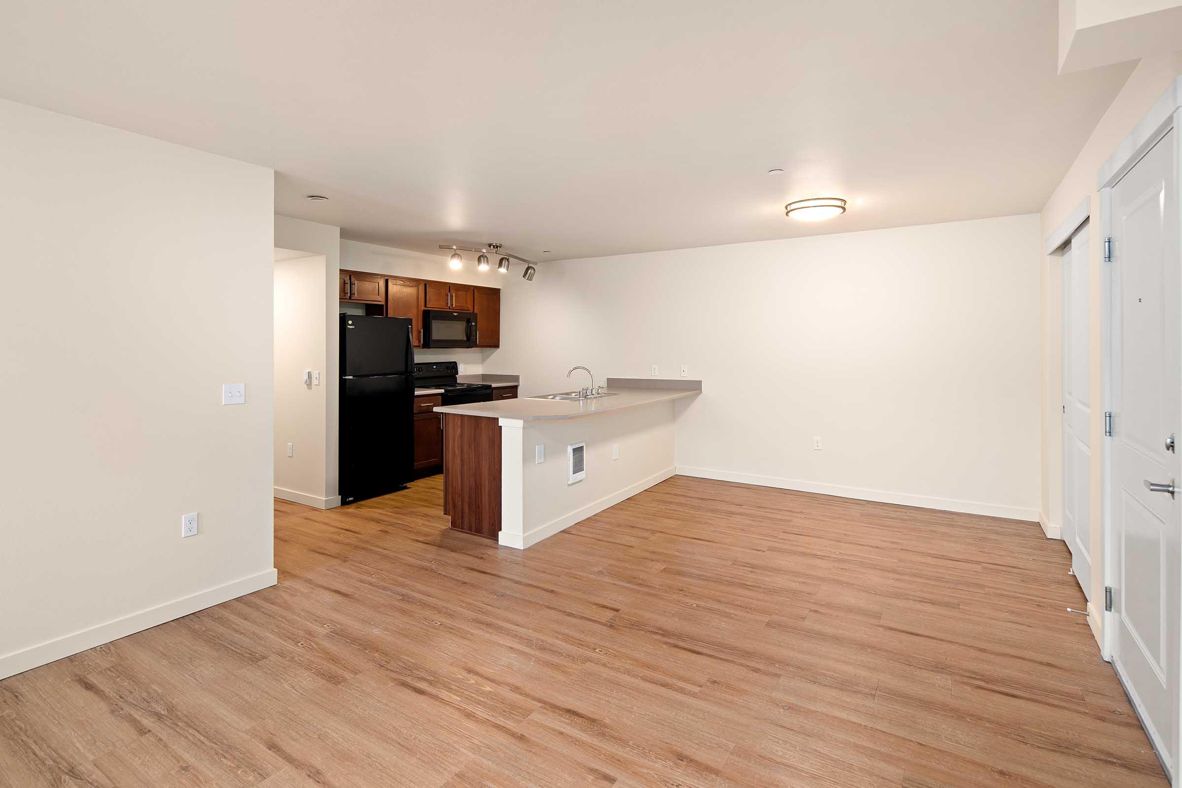 A spacious, modern living area featuring hardwood-style flooring, a kitchen with dark cabinets and black appliances, and a large window providing natural light. The layout is open, with a bar-style counter separating the kitchen from the living space, and ample room for furniture arrangement.