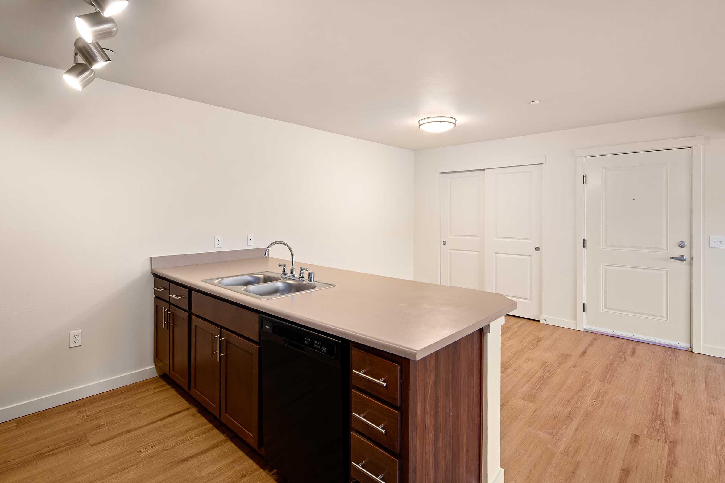 Interior view of a modern kitchen featuring a central island with a sink, dark wood cabinetry, and a countertop. The space has light-colored walls and warm wooden flooring, with a doorway visible on the right leading to an entrance. Soft ceiling lights provide illumination.