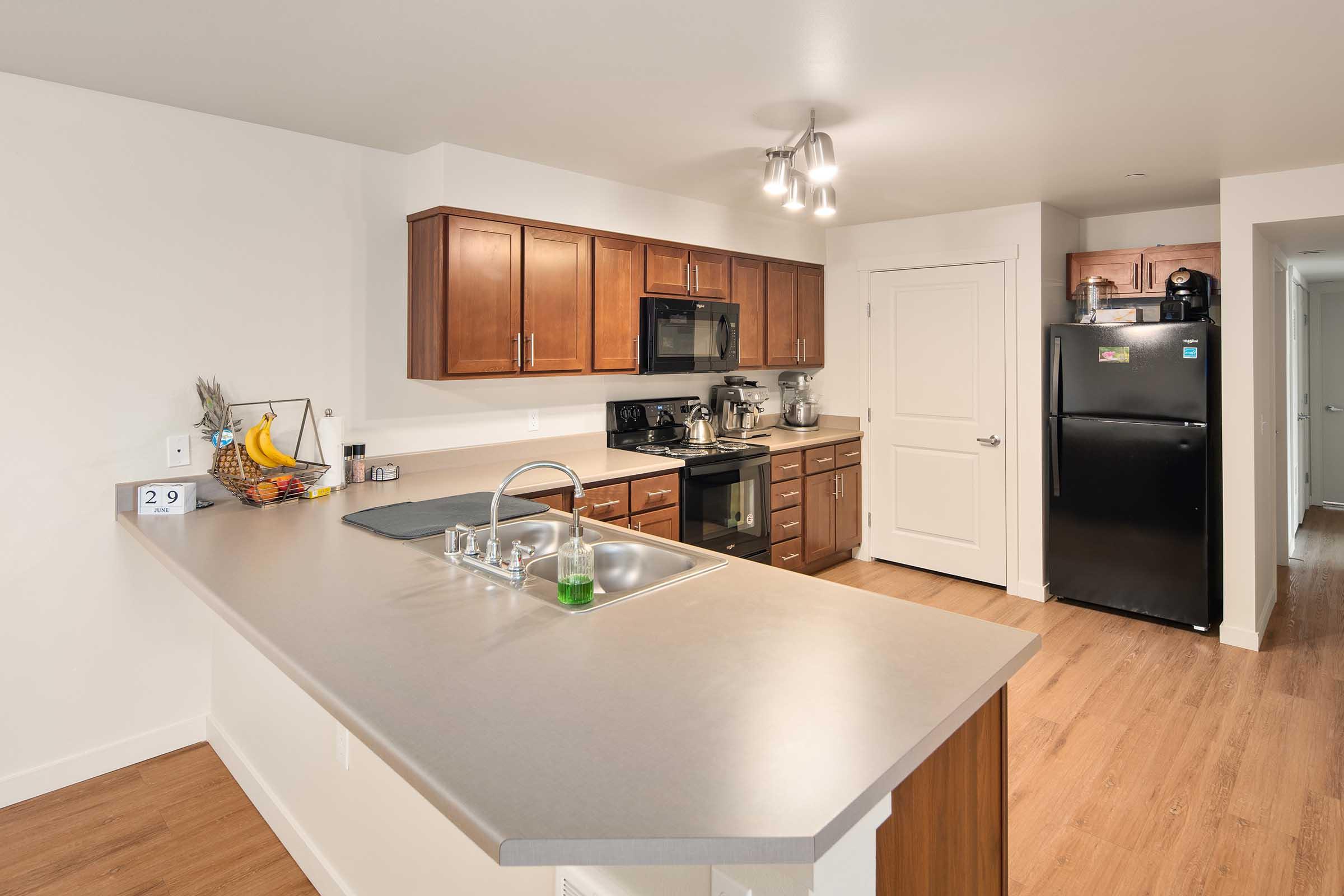Modern kitchen featuring wooden cabinets, a gray countertop, stainless steel appliances, and a black refrigerator. There is a sink with a view of a fruit bowl, and the space is well-lit with overhead lighting. The flooring is wooden, and a door leads to another room.