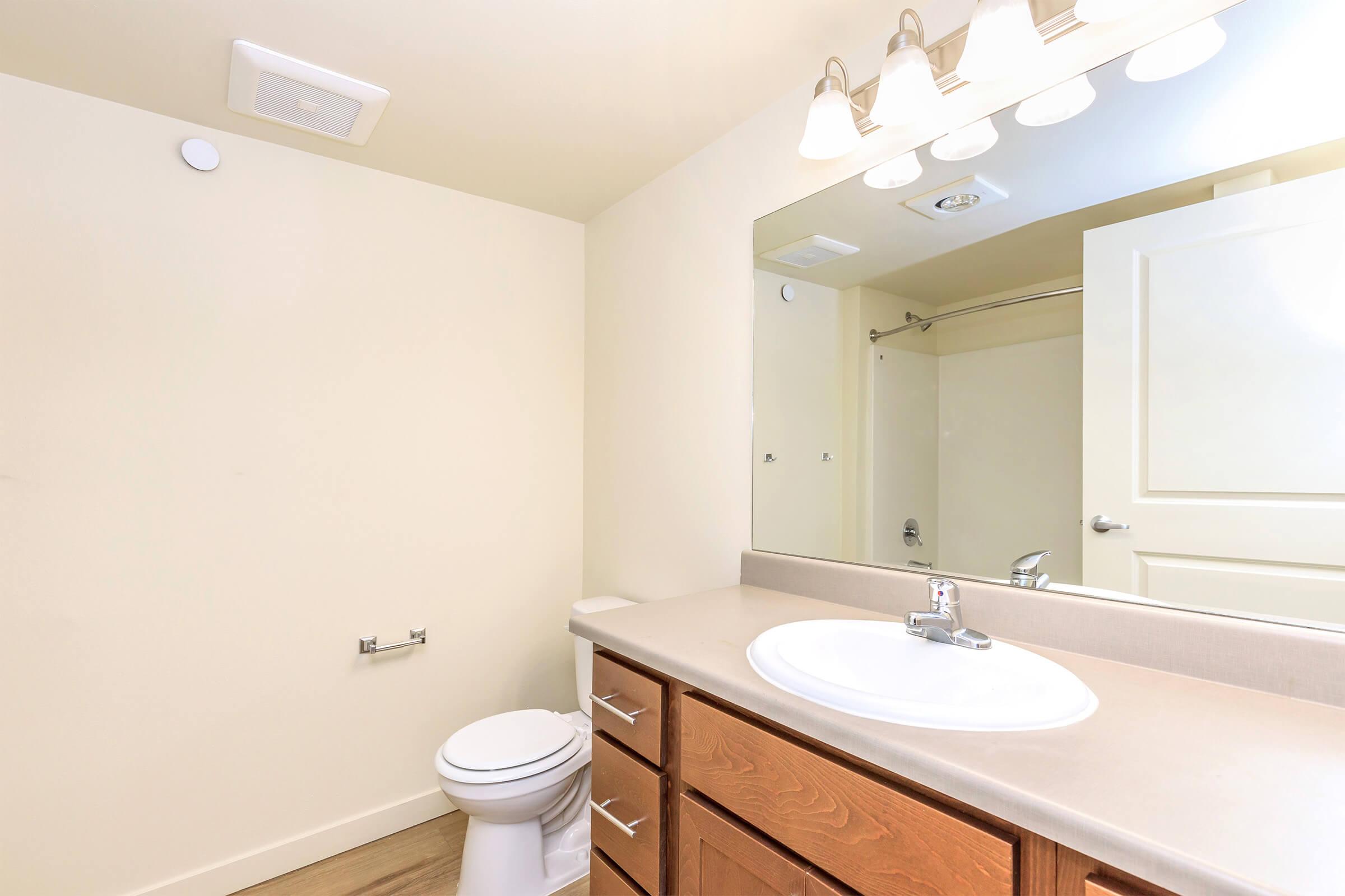 A clean and modern bathroom featuring a white sink with a faucet, an elegantly framed mirror above the sink, wooden cabinetry, a toilet, and a shower with a glass door. The walls are painted a light color, and there is overhead lighting providing a bright ambiance. The space is uncluttered, emphasizing simplicity and functionality.