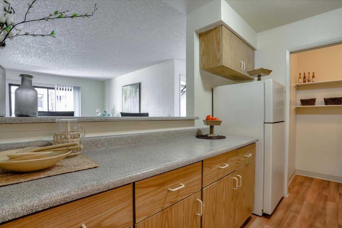 A modern kitchen featuring light wood cabinets, a granite countertop, a white refrigerator, and a small decorative vase. In the background, there's natural light from a window and a glimpse of a living area. The space is clean and well-organized, creating a welcoming atmosphere.