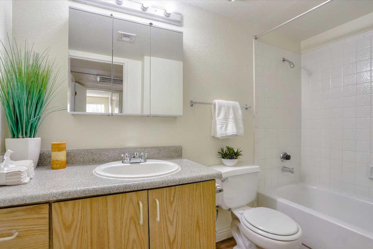 A clean and modern bathroom featuring a white tub and shower, a large mirror above a double sink, and wooden cabinetry. Green plants add a touch of color, and neatly folded towels are placed on the countertop. The overall decor is simple and inviting.