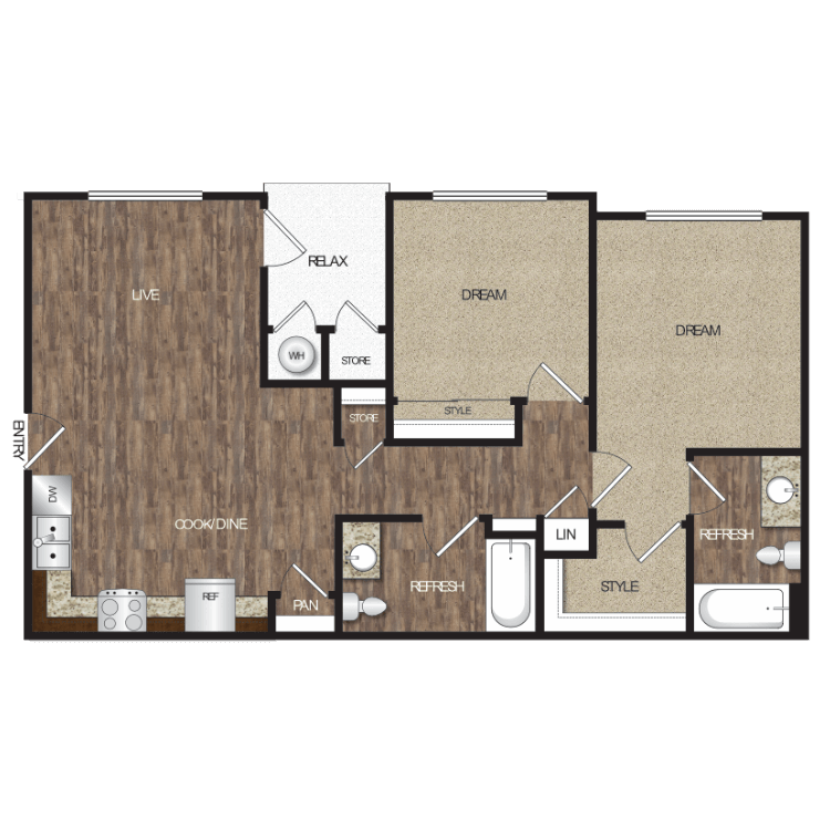 Plan 2B, a 2 bedroom 2 bathroom floor plan.