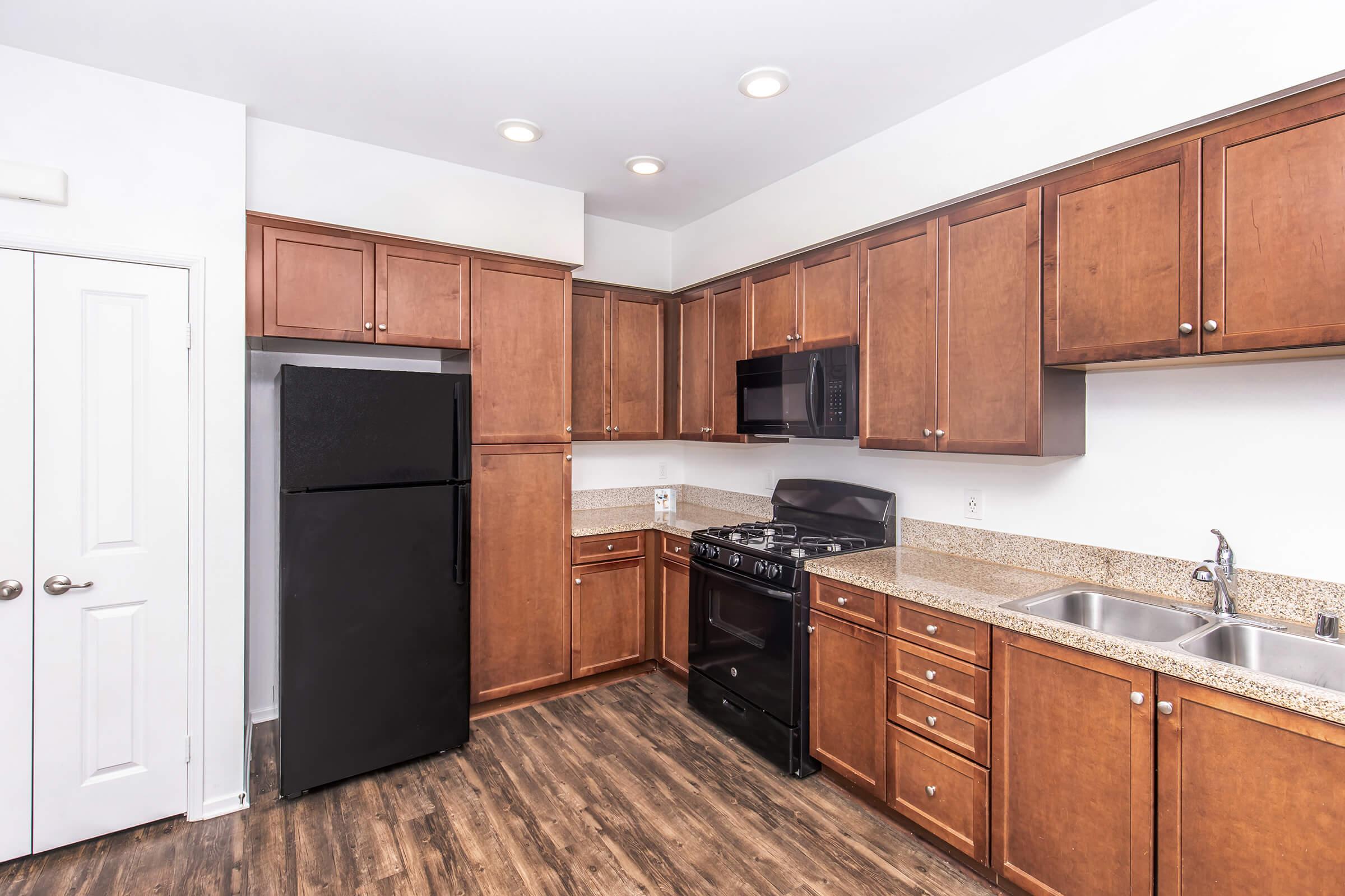 Modern kitchen featuring wooden cabinets, granite countertops, a black refrigerator, a black stove, and a microwave. The design includes a double sink and overhead lighting, with wood-like flooring adding warmth to the space.