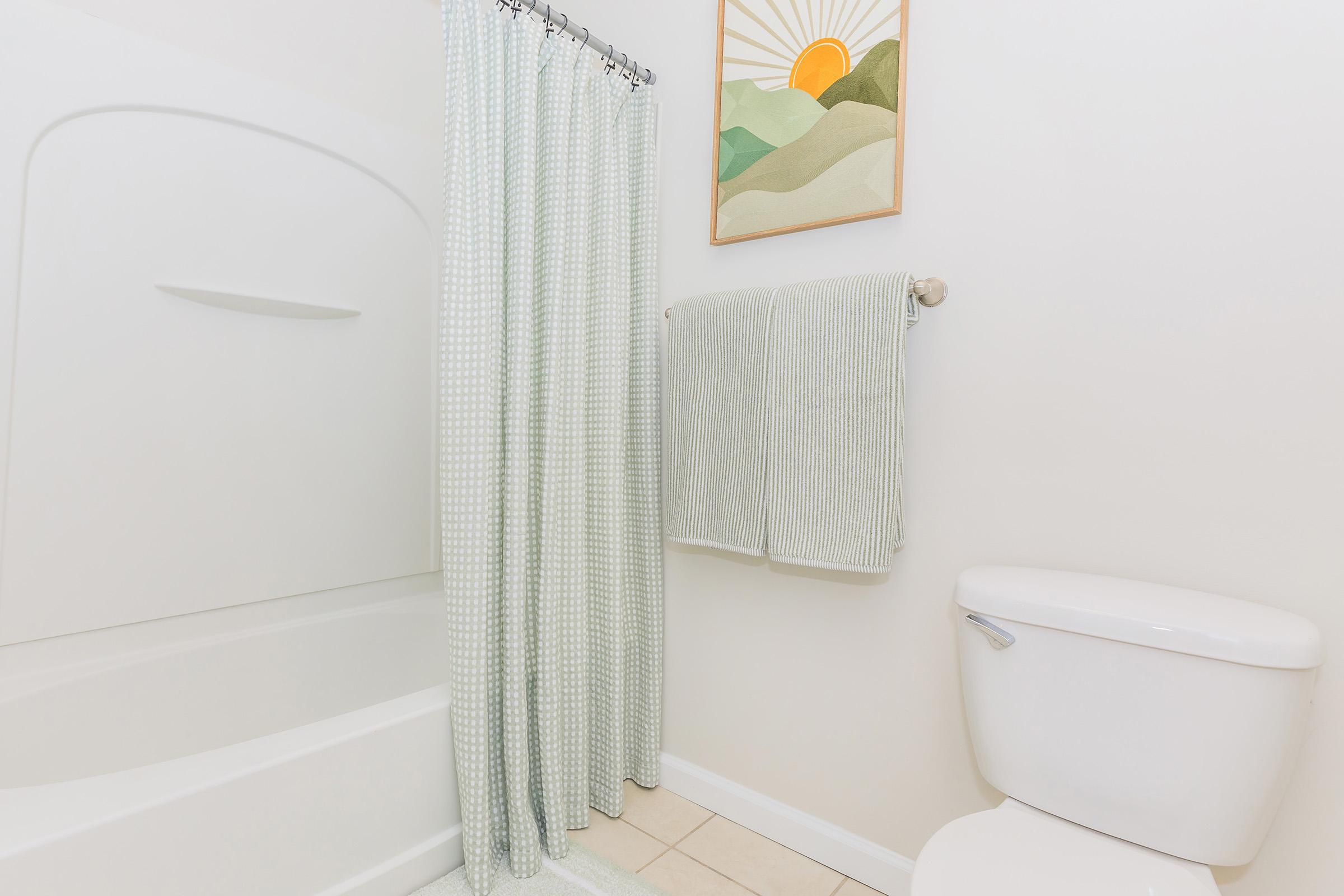 A clean and modern bathroom featuring a bathtub with a white shower curtain, a mounted artwork depicting a sun and mountains, a white toilet, and light green towels hanging on a towel rack. The walls are painted white, creating a bright and airy atmosphere.