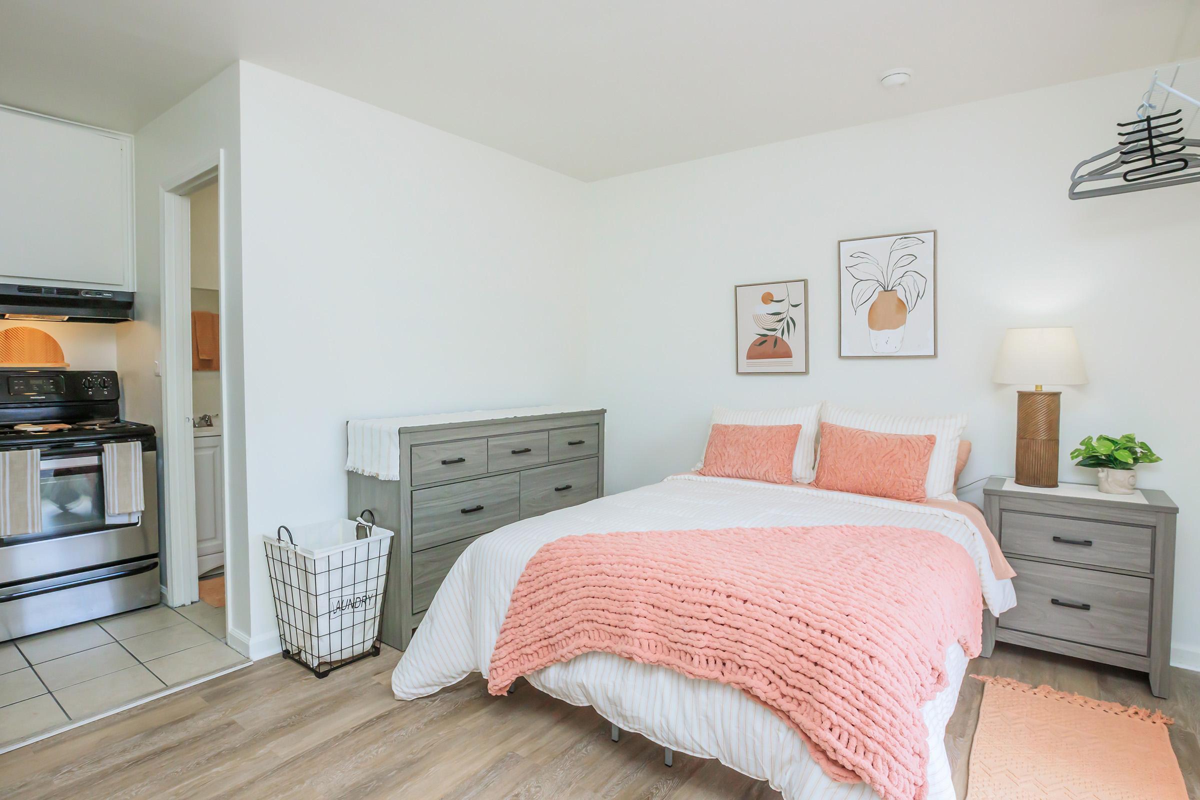 A bright and cozy bedroom featuring a bed with a textured pink blanket, light-colored walls, and wooden flooring. There are two framed art pieces above the bed, a nightstand with a lamp, and a gray dresser. A small plant adds a touch of greenery, while a wire basket and closet are visible in the corner.