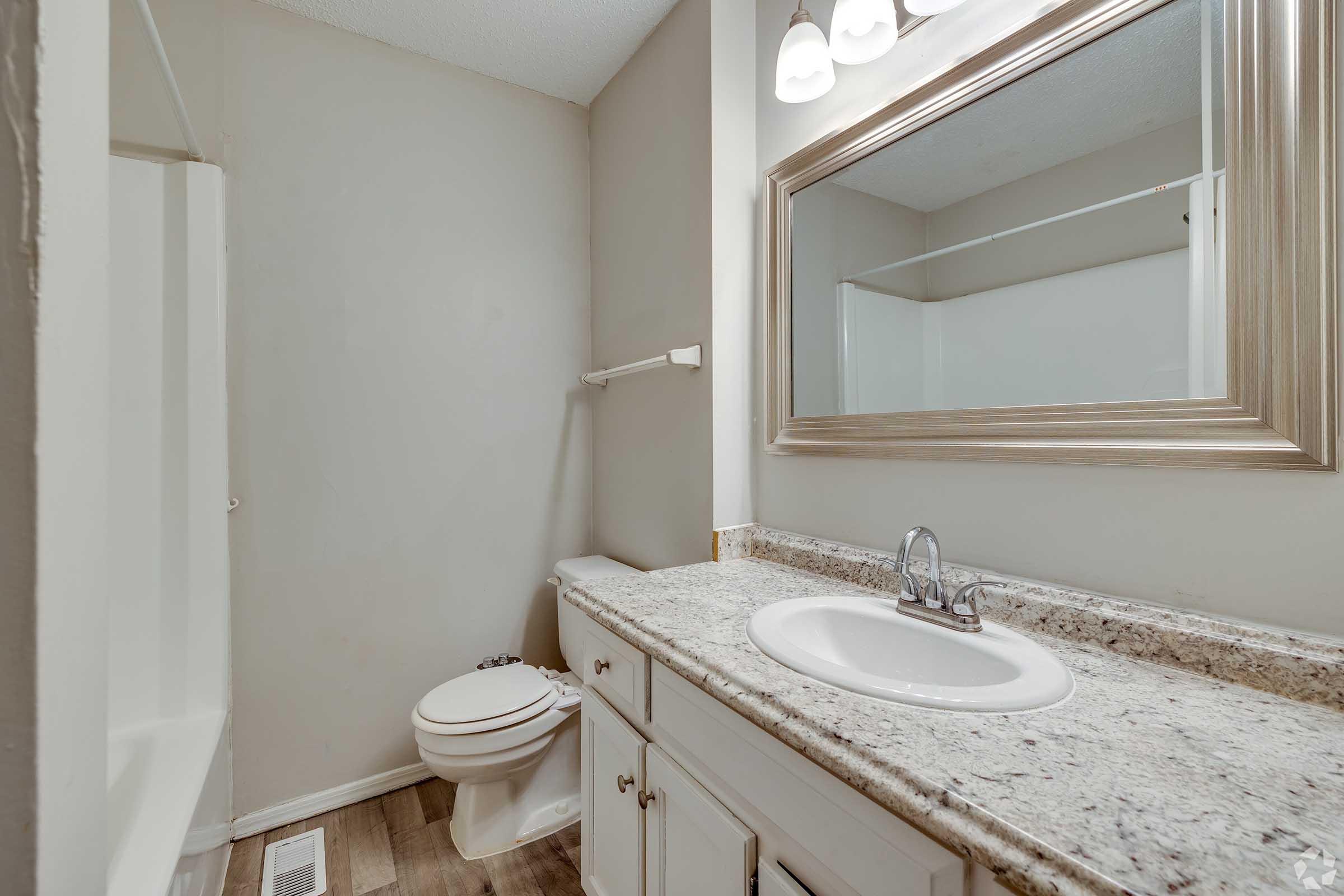 A clean and modern bathroom featuring a white toilet, a granite countertop with a sink, and a large mirror. The walls are painted light gray, and there's a shower area with a simple design. Soft lighting fixtures are mounted above the mirror, creating a bright atmosphere.