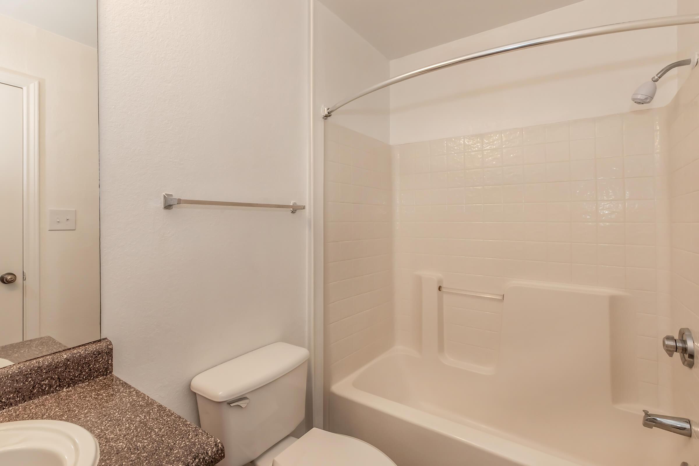 a shower that has a sink and a mirror