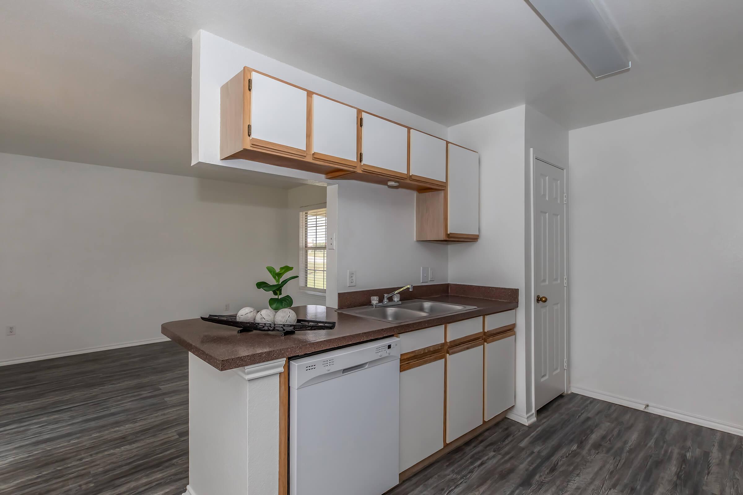 a kitchen with a sink and a mirror